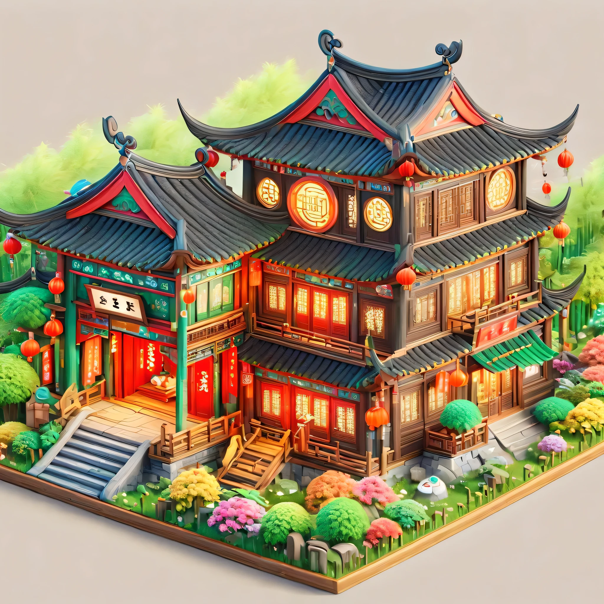 (masterpiece, best quality:1.2), ancient chinese house，bright colors，traditional building，bamboo forest，Black tile roof，Flower path，3d，(Aerial view)，((ox仔:1.5))，((pedestrian))，((ox))，((swallow))