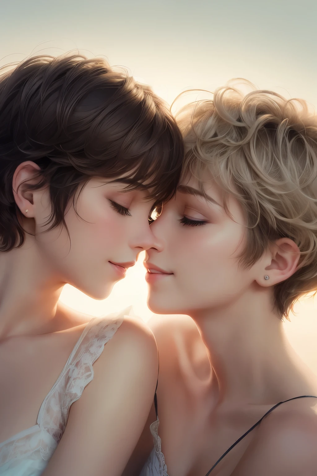 best quality, 32k, RAW photo, incredibly absurdres, extremely detailed, delicate texture, two women, kissing on the cheek, smiling shyly, cute, beautiful, (medium messy wavy hair) and (short pixie cut), background pastel color, motion-blur, action-lines, professional lighting, watercolor art drawing