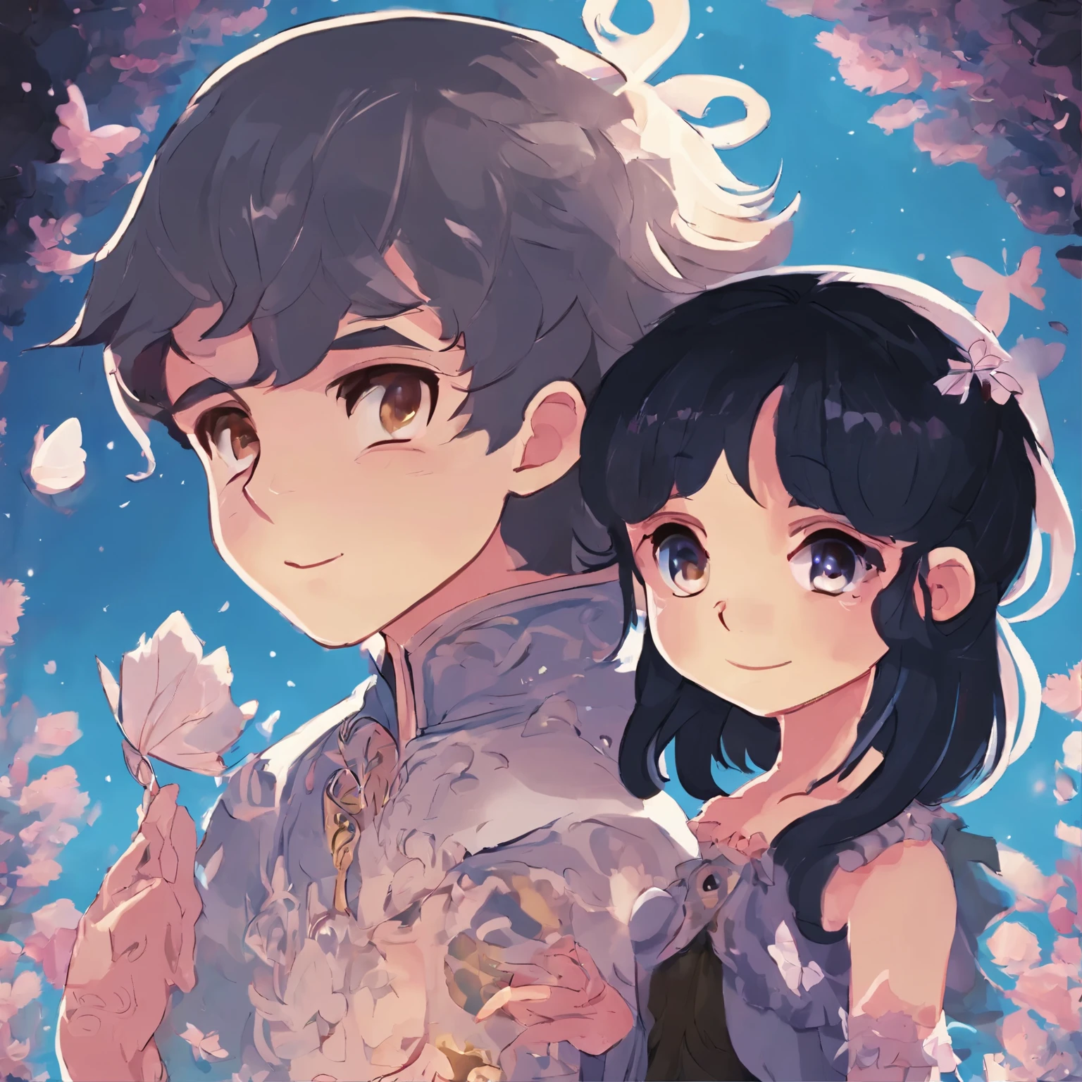 Several anime characters standing side by side,Happy posing for photos (Little boy with short black hair and little girl with long black hair), Vibrant blue color palette, faint smile, Casual wear, 8k, high quality, Ray tracing, looking at camera, holding the phone