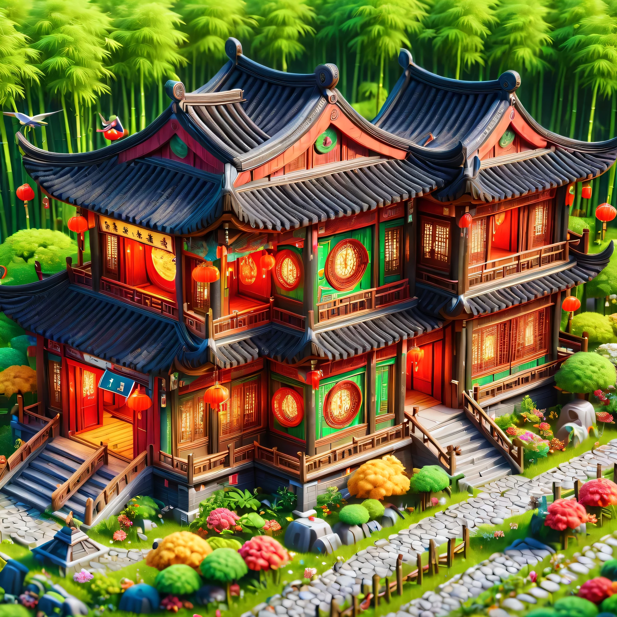 (masterpiece, best quality:1.2), ancient chinese house,bright colors,traditional building,bamboo forest,Black tile roof,Flower path,3d,(Aerial view),((ox仔:1.5)),((pedestrian)),((ox)),((swallow))