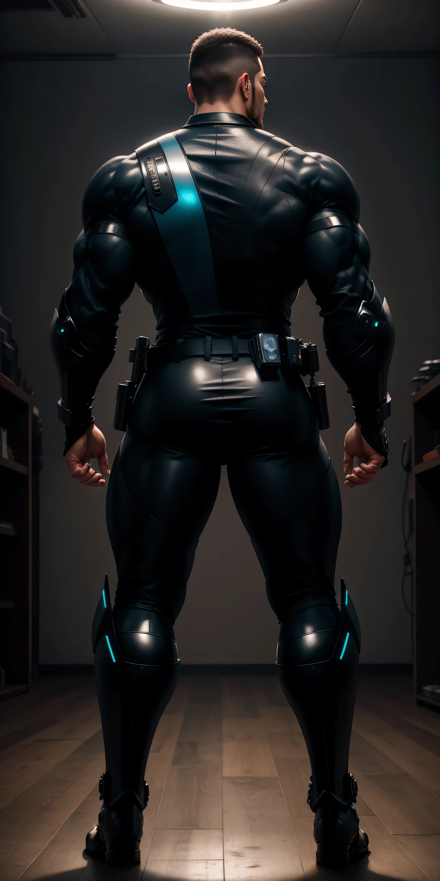 特别High背影, huge, and muscular police officer，Bright black mesh nano-mecha，LED colorful light effect human body tracing lamp，round butt，Highlights，character concept（Resident Evil - chris redfield，chris redfield）senior police officer，small grid texture，regular symmetrical texture pattern，sad expression，Deep and charming eyes，Standing in bright mechanical laboratory，Emerald Eyes Hero，heroic male pose，高大burly，muscular！Charming leg muscles，High, burly, Heqiang，  Super gain and cool， high resolution committee， Big feet in shiny black ultra-thin nanomechanical boots，Charming strong man，The bright sunshine is shining on you，matte particles，shiny texture