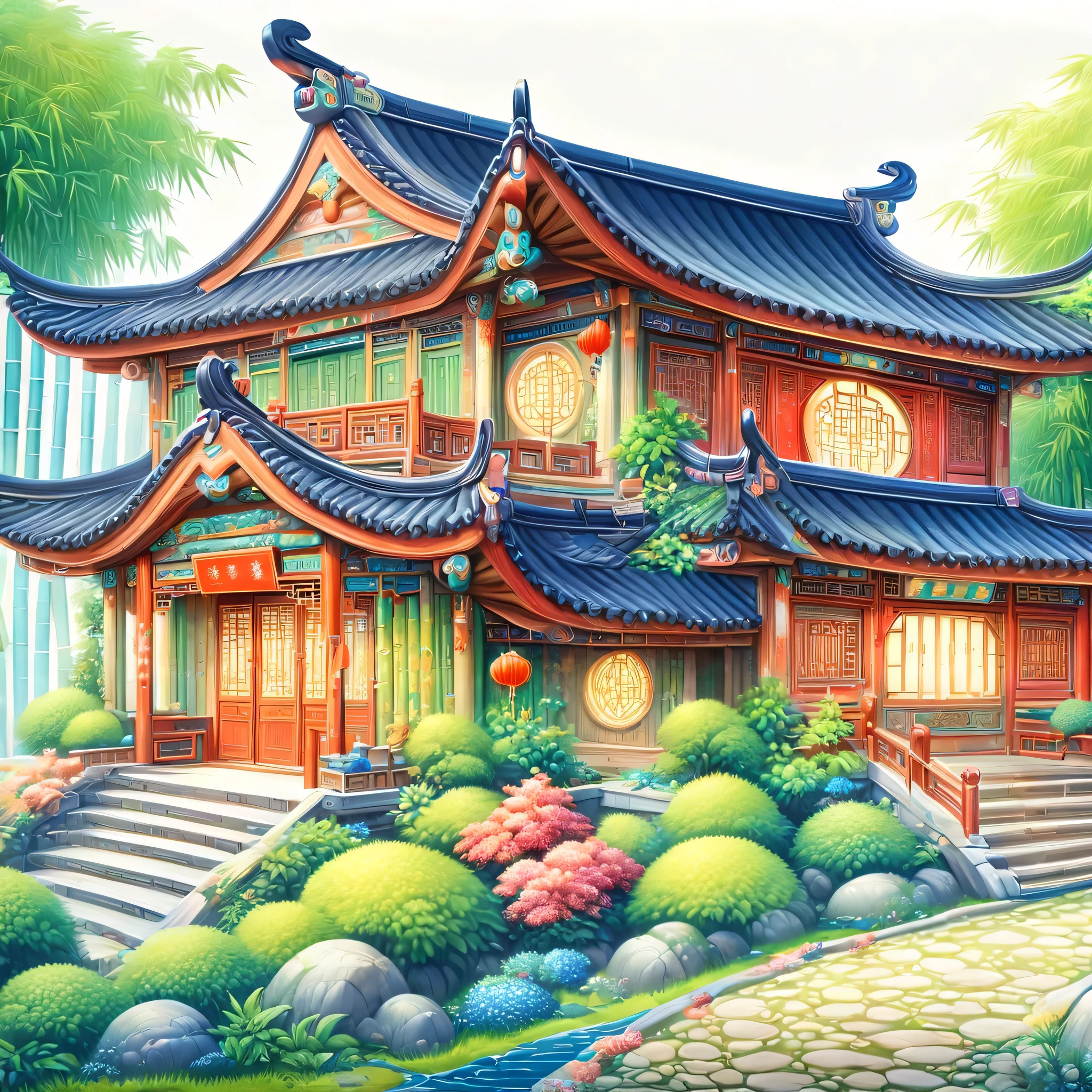 (masterpiece, best quality:1.2), ancient chinese house，bright colors，traditional building，bamboo forest，Black tile roof，Flower path，Chinese ink painting，in the classical architectural style