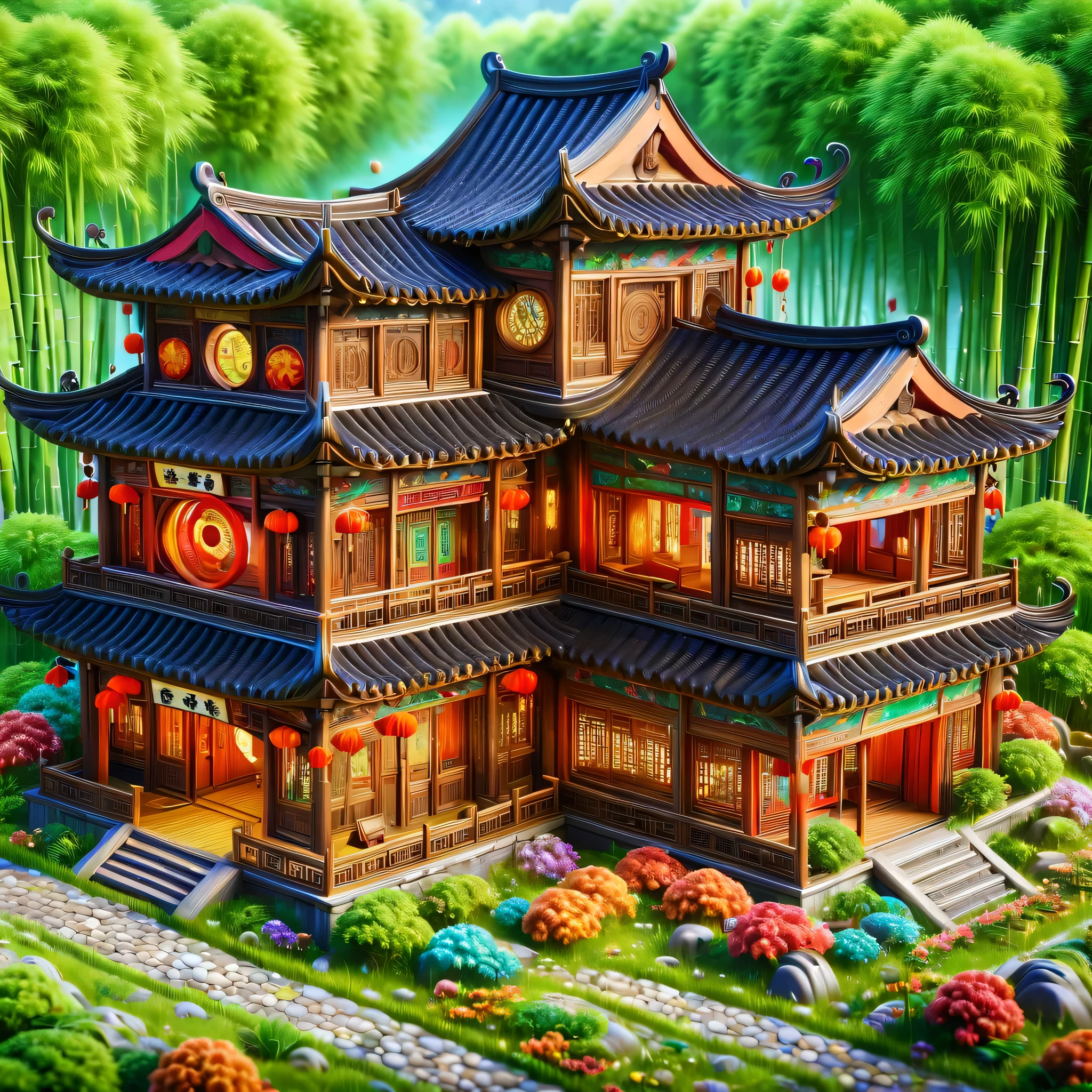 (masterpiece, best quality:1.2), ancient chinese house，bright colors，traditional building，bamboo forest，Black tile roof，Flower path，3d，Aerial view，cowboy，pedestrian，swallow