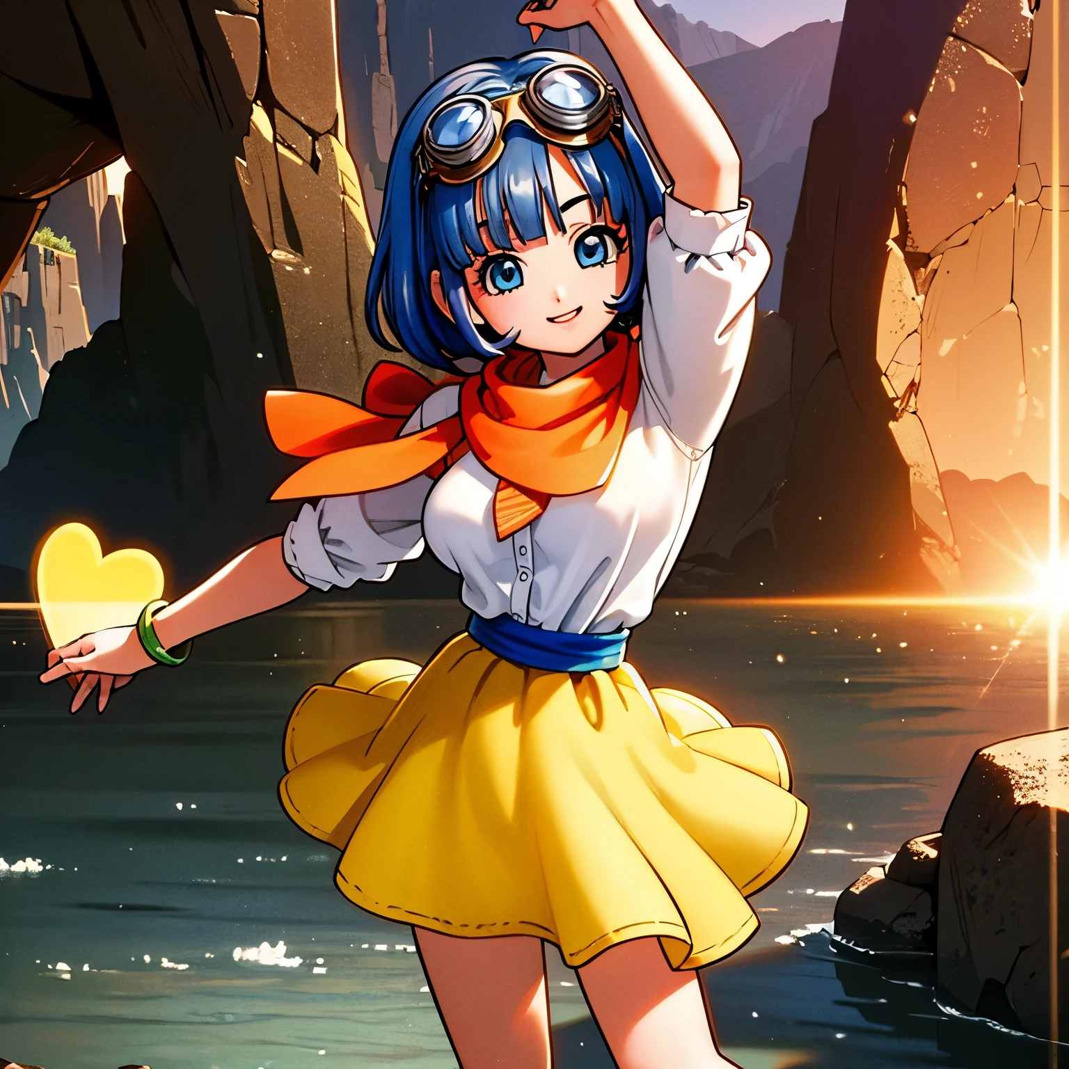 (crayon (medium):1.3), from above, face focus, **** 1girl, baby face, large breasts, DQ10 seraphi, DQ10 costume, dynamic pose, arm up, standing , raise one leg, (Skirt lift), wind, (smile:1.2), (spoken heart:1.2), blue hair, short hair, gleaming skin, oasis, dune, Sunlight, lens flare, masterpiece, high quality, best quality, beautiful, hd, perfect lighting, detailed face, detailed body, masterpiece, best quality, intricate details, 8k uhd, perfect face, perfect eyes