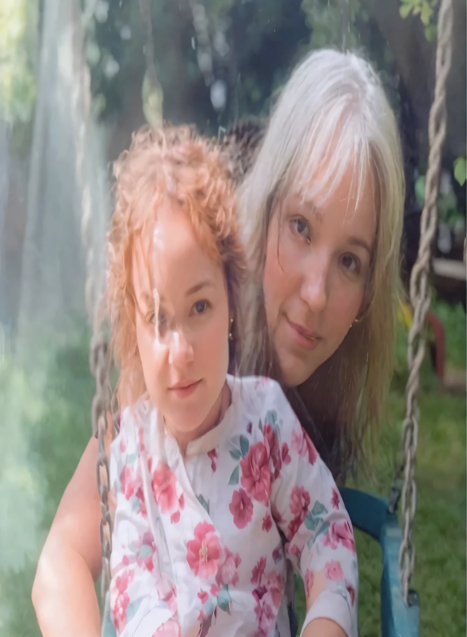 there is a woman and a sitting on a swing, profile image, profile picture, profile pic, profile photo, with ivy, very very low quality picture, photo portrait, a picture, photographic still, avatar image, photo still, portrait photo, inspired by Margaret Geddes, blurry image, looking partly to the left, portrait picture, very cute, photo shoot