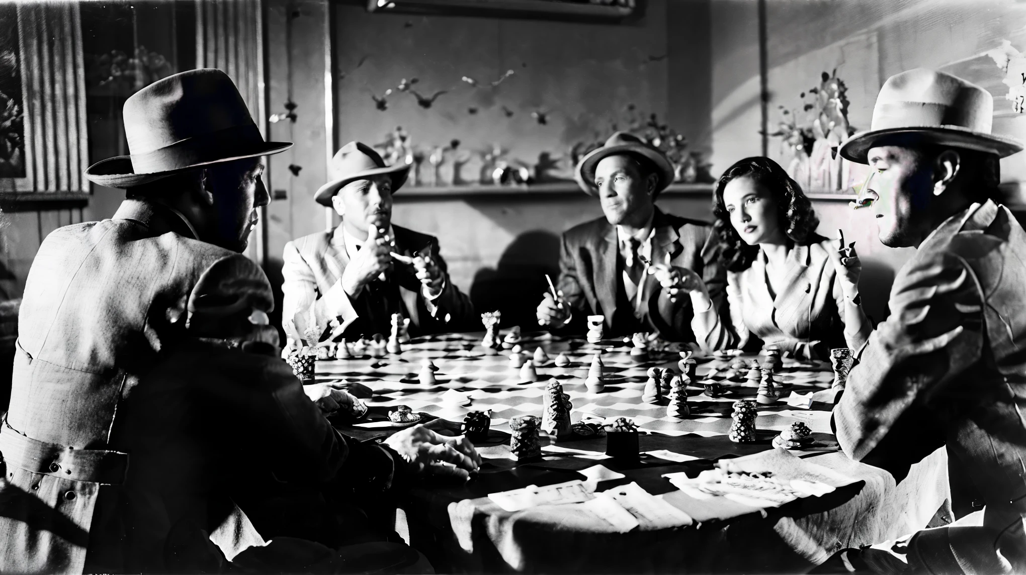 (highest quality, masterpiece:1.2), vintage movie scenes, gang playing poker, black and white, A room filled with gritty smoke, classic film noir, retro atmosphere, Shadows and silhouettes, sharp suit and fedora hat, gangster evil look, Intense and suspenseful atmosphere with subdued lighting, A pile of playing cards and chips on the table, cigarette smoke floating in the air