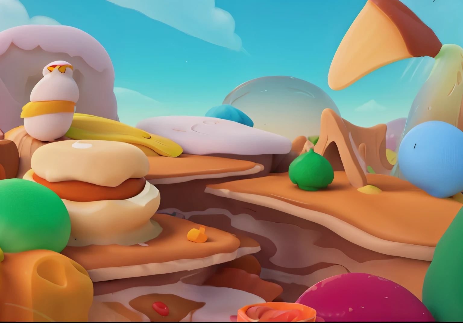 There is a cartoon，Food world，Candy World，Sweet，Lovely，Jelly Mountain，cake tower，beautiful background