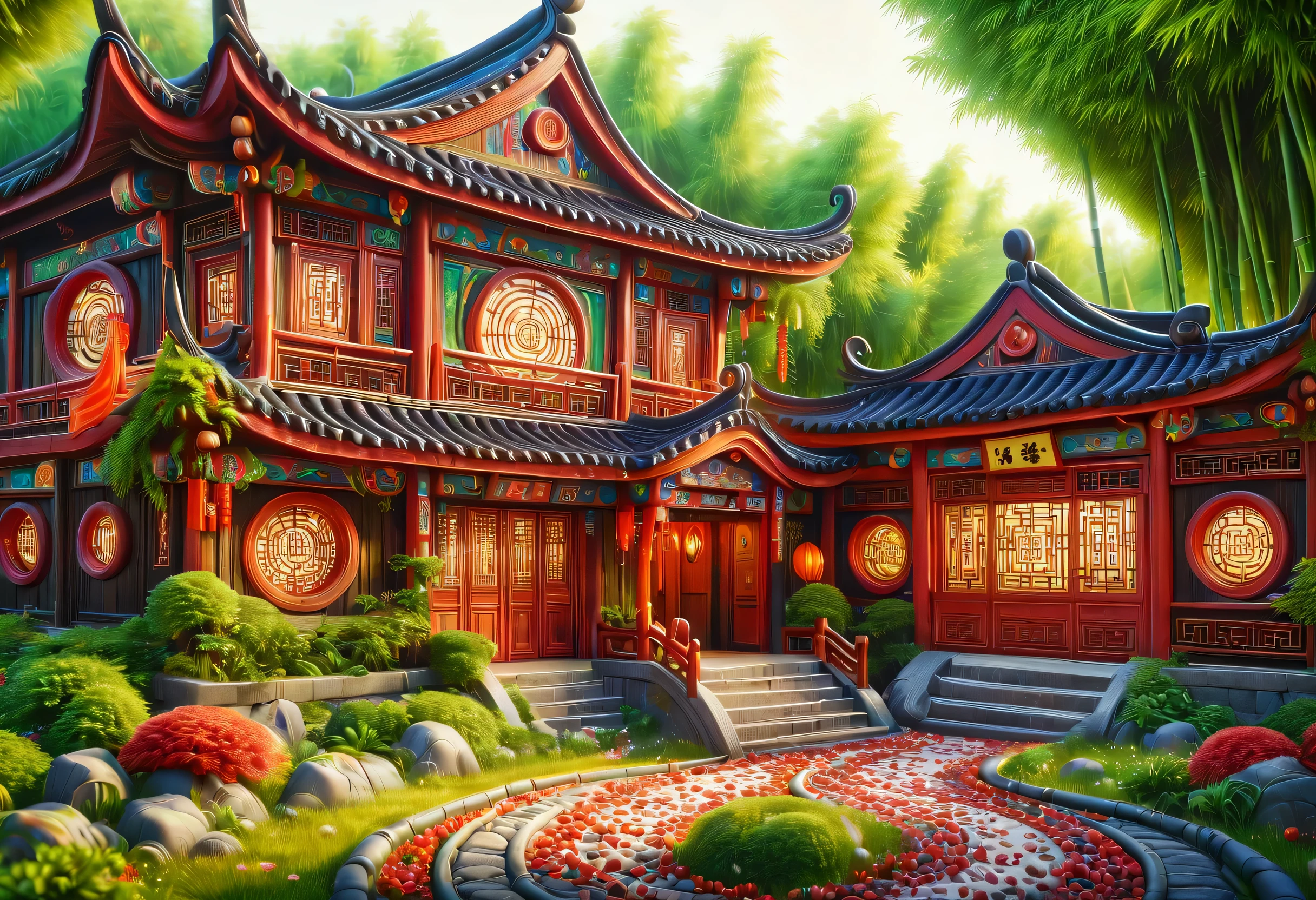 3d, cartoon, ancient chinese house, bright colors, traditional building, bamboo forest, Red and brown, Black tile roof, Flower path, round window, wood carving, warm light, fantasy, whimsical, The photos are real, Shot with a 50mm lens, Classic composition, masterpiece, Beautifully, Color proofing, Amazing visual effects, Crazy details, intricate details, sharp focus, Ultra-high effect, HD, 16k