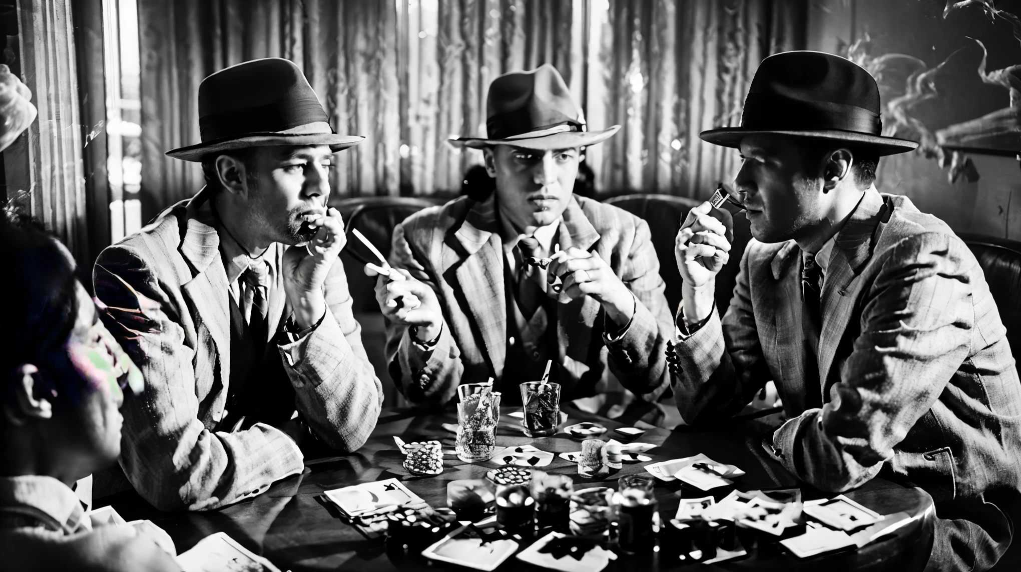 (highest quality, masterpiece:1.2), vintage movie scenes, gang playing poker, black and white, A room filled with gritty smoke, classic film noir, retro atmosphere, Shadows and silhouettes, sharp suit and fedora hat, gangster evil look, Intense and suspenseful atmosphere with subdued lighting, A pile of playing cards and chips on the table, cigarette smoke floating in the air