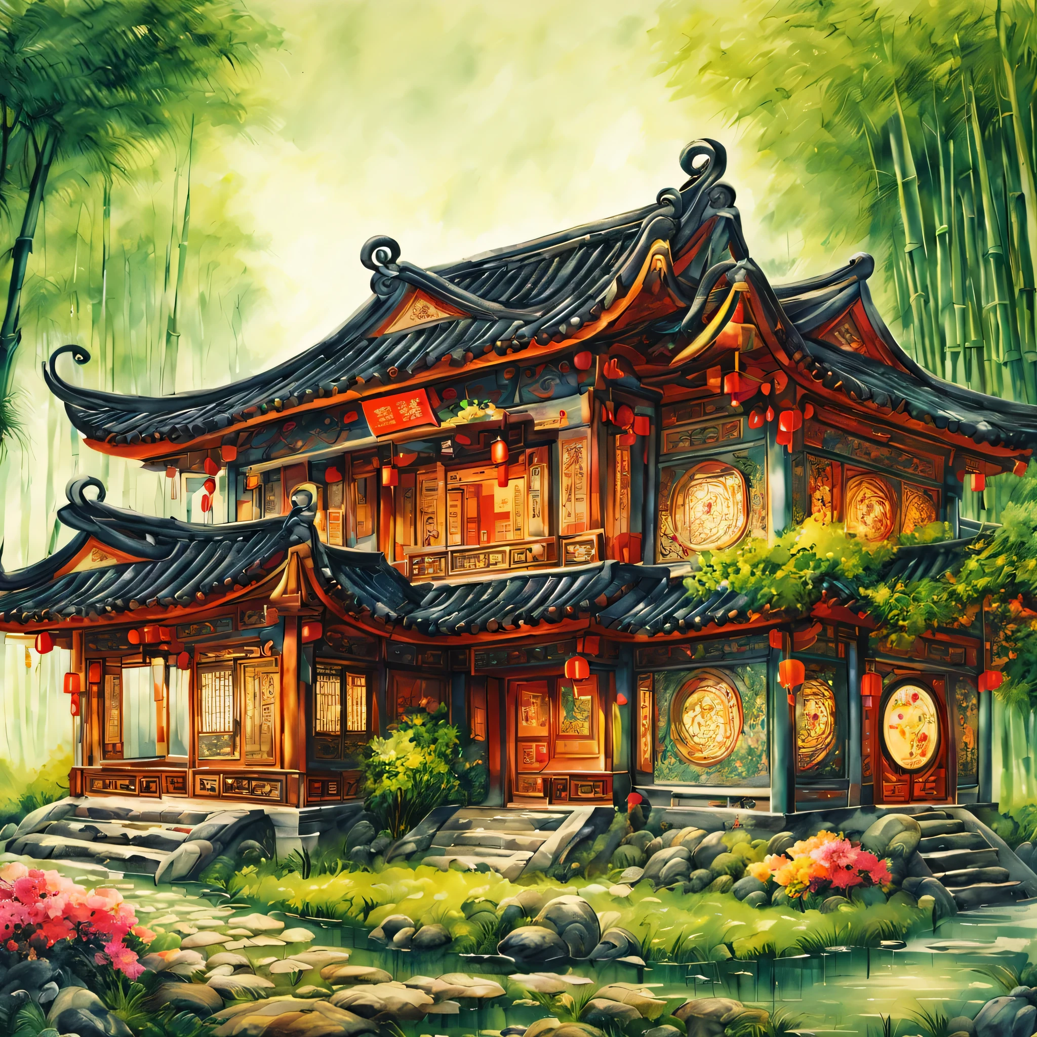 (masterpiece, best quality:1.2), ancient chinese house,bright colors,traditional building,bamboo forest,Black tile roof,Flower path,Chinese ink painting,in the classical architectural style