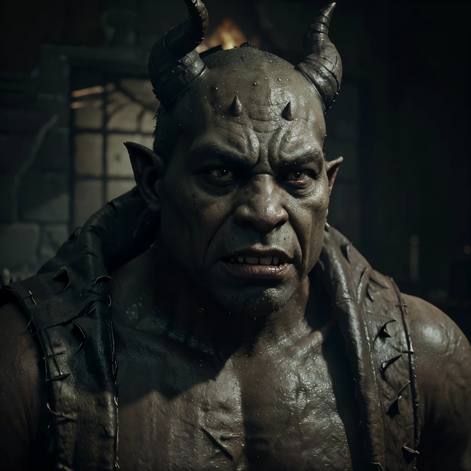 An ugly ogre with horns on its head, a monster's face, with cuts on its face, warts on its skin, with greyish-brown skin, with large, pointy yellowish fangs, inspired by Dark Souls, 3D rendering by Unreal Engine 5, black background, displeased