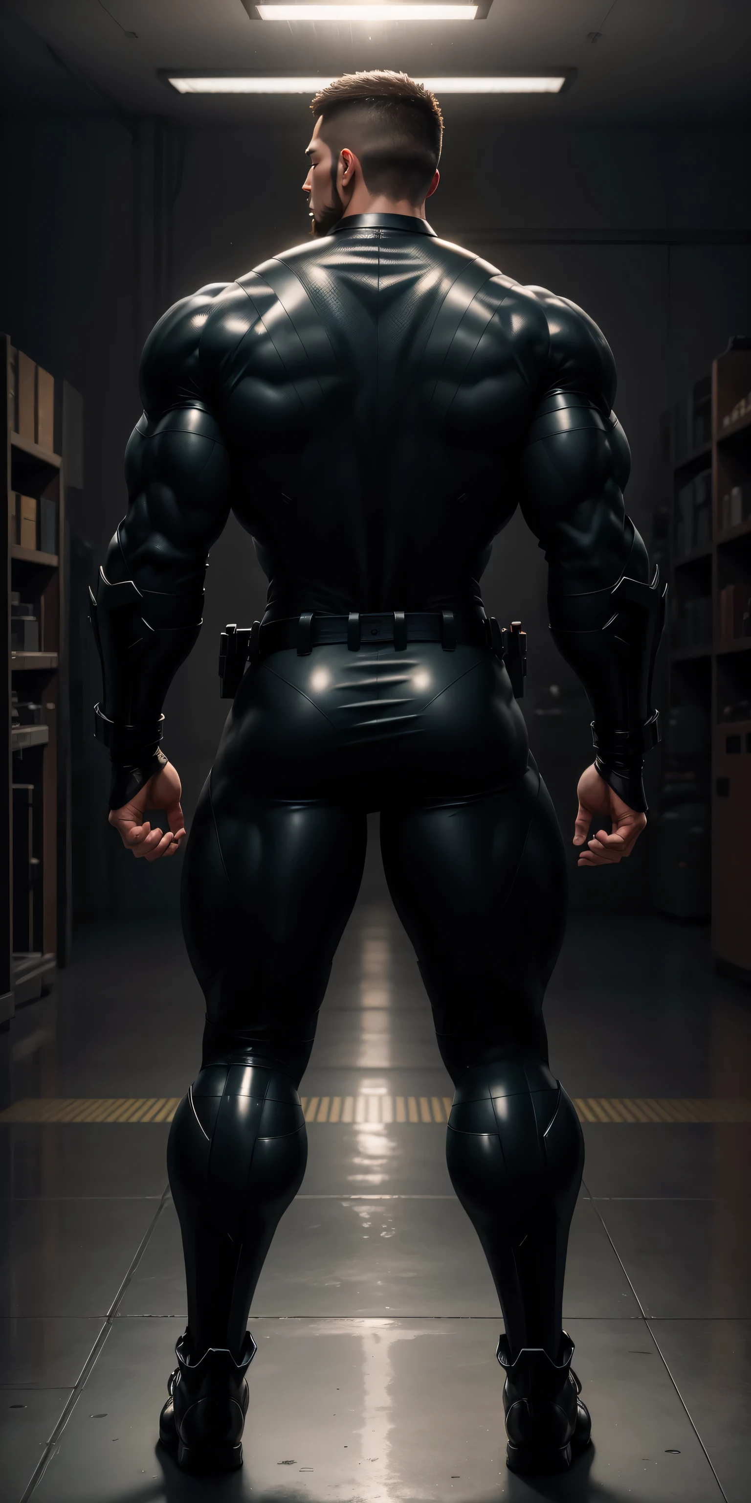 特别High背影, huge, and muscular police officer,Bright black mesh nano-mecha,The body is wrapped in colorful light effects,round butt,Highlights,character concept(Resident Evil - chris redfield,chris redfield)senior police officer,small grid texture,regular symmetrical texture pattern,sad expression,Deep and charming eyes,Standing in bright mechanical laboratory,Emerald Eyes Hero,heroic male pose,高大burly,muscular!Charming leg muscles,High, burly, Heqiang, Super gain and cool, high resolution committee, Big feet in shiny black ultra-thin nanomechanical boots,Charming strong man,The bright sunshine is shining on you,matte particles,shiny texture
