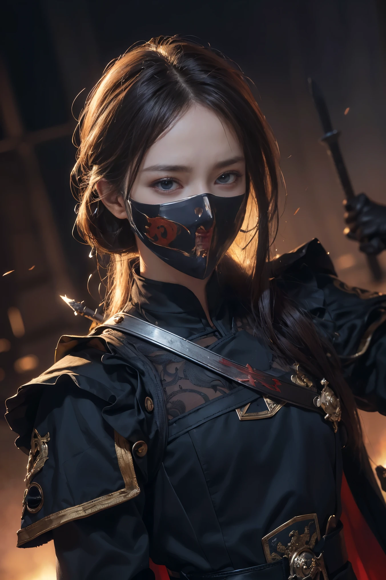Photorealistic, ultra HD, graphics, best quality, realistic, CGI, 4k, masterpiece, best quality, hight resolution, very detailed, super detailed, 8k wallpaper, unified, amazing, fine detail, very detailed CG uniform 8k wallpaper, illustration, male, secret, mask, holding sword, (((eyes filled with murderous intent), masked,
