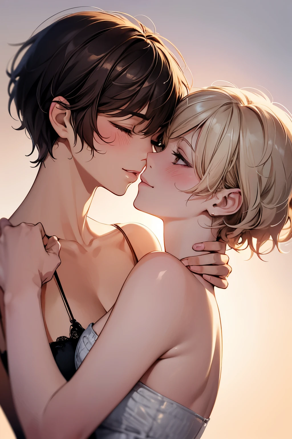 best quality, 32k, RAW photo, incredibly absurdres, extremely detailed, delicate texture, two women, kissing on the cheek, smiling shyly, cute, beautiful, (medium messy wavy hair) and (short pixie cut), background pastel color, motion-blur, action-lines, professional lighting, watercolor art drawing