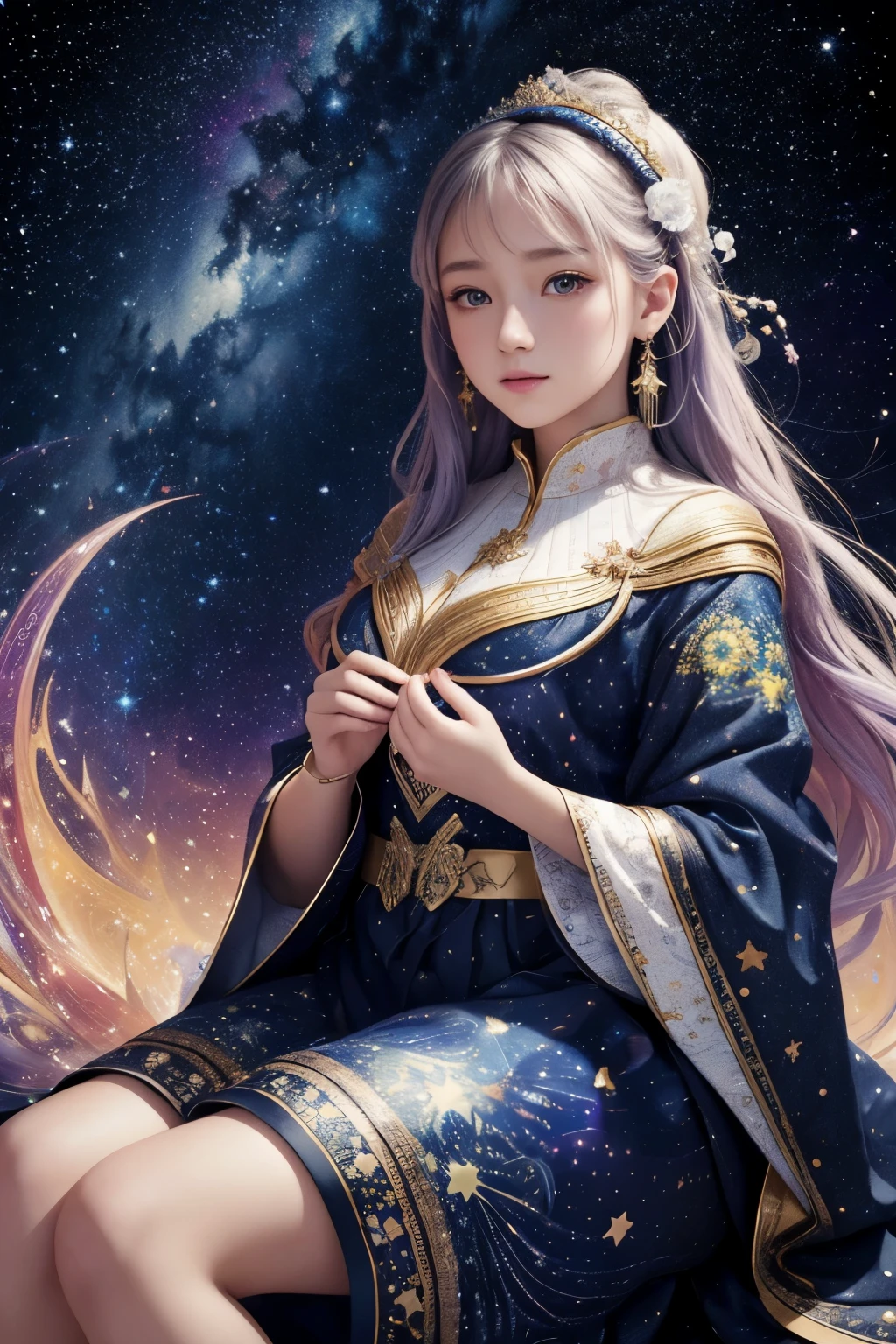high quality, 8K Ultra HD, vivid colors, seamless patterns, fabric art, art station, starry night, many colorful and detailed designs combining magic and fantasy, Girl, splashes, aesthetic, white tone, photorealistic, ultra realistic, by yukisakura, impressive in full color.