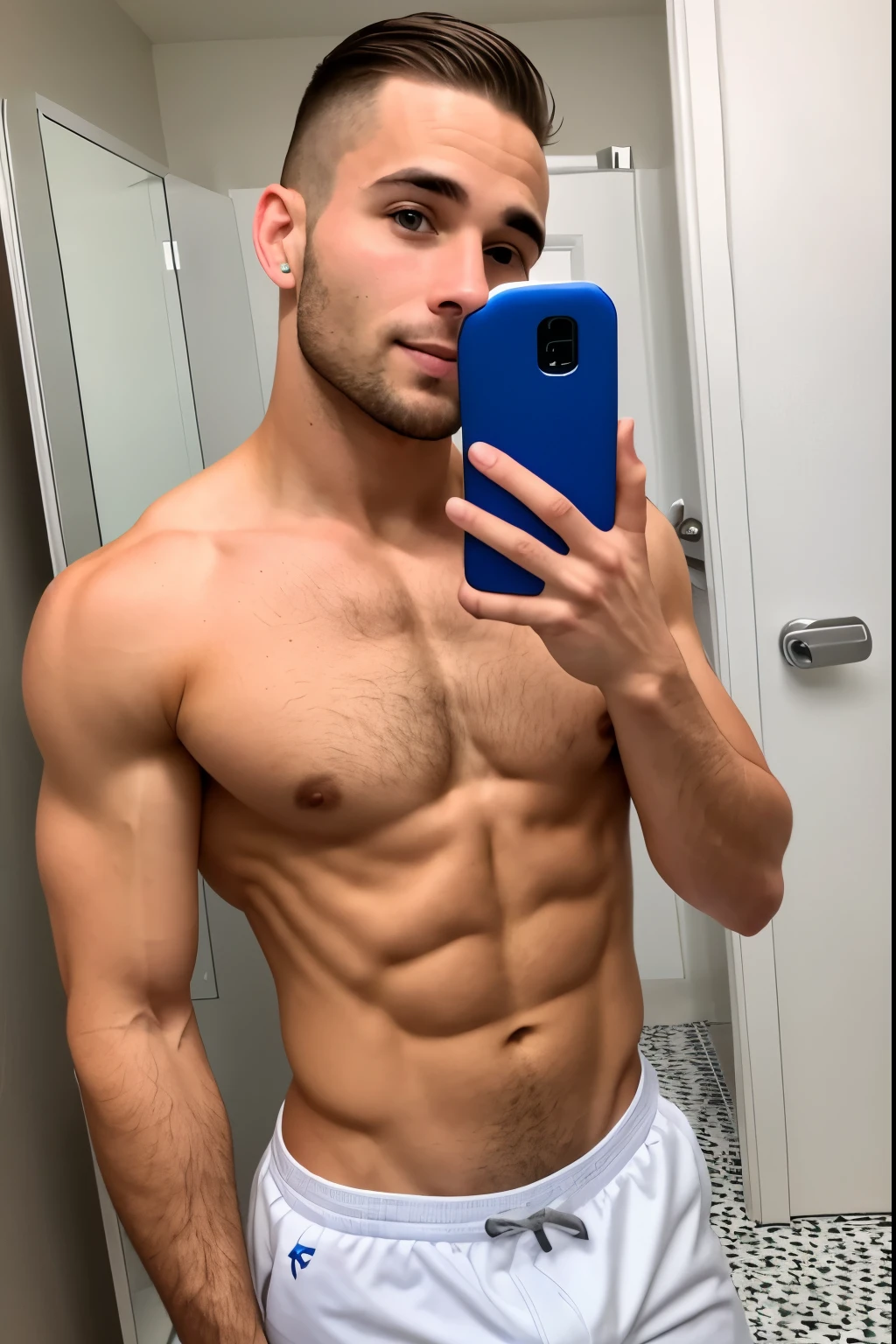 28 year old lean athletic guy taking a  shirtless selfie in bathroom