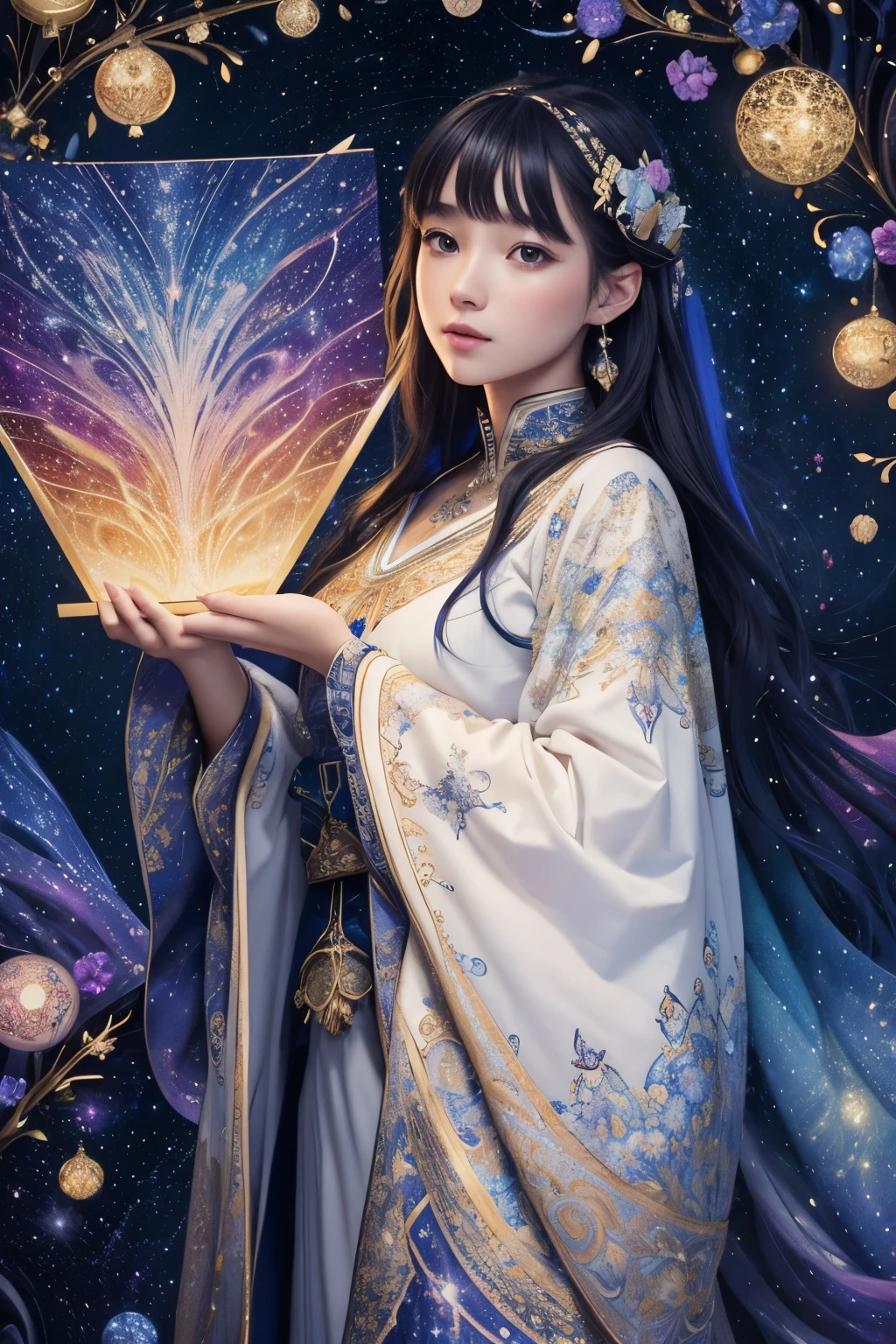 high quality, 8K Ultra HD, vivid colors, seamless patterns, fabric art, art station, starry night, many colorful and detailed designs combining magic and fantasy, Girl, splashes, aesthetic, white tone, photorealistic, ultra realistic, by yukisakura, impressive in full color.