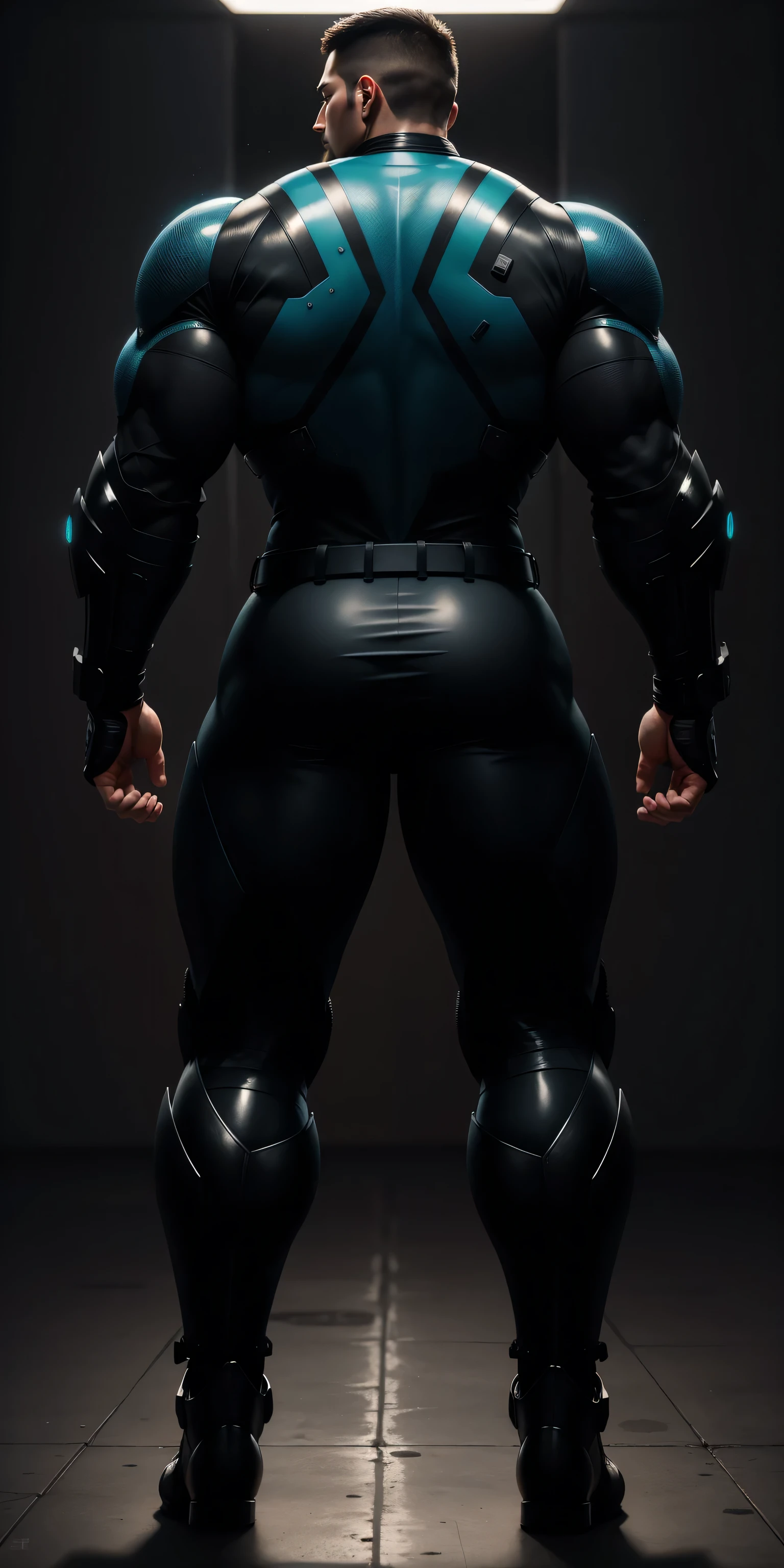特别High背影, huge, and muscular police officer，Bright black mesh nano-mecha，The body is wrapped in colorful light effects，round butt，Highlights，character concept（Resident Evil - chris redfield，chris redfield）senior police officer，small grid texture，regular symmetrical texture pattern，sad expression，Deep and charming eyes，Standing in bright mechanical laboratory，Emerald Eyes Hero，heroic male pose，高大burly，muscular！Charming leg muscles，High, burly, Heqiang，  Super gain and cool， high resolution committee， Big feet in shiny black ultra-thin nanomechanical boots，Charming strong man，The bright sunshine is shining on you，matte particles，shiny texture