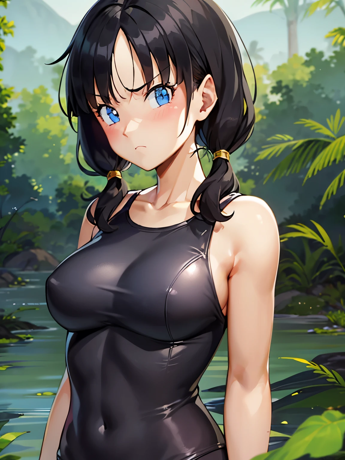 masterpiece, highest quality, High resolution, girl,saw 2, blue eyes, black hair, Low twintails and short cut, medium breasts, frown,blush, girl1名,  Black tight suit,streak,place both hands on hips, looking at the viewer。black quagmire,Wandering in the swamp