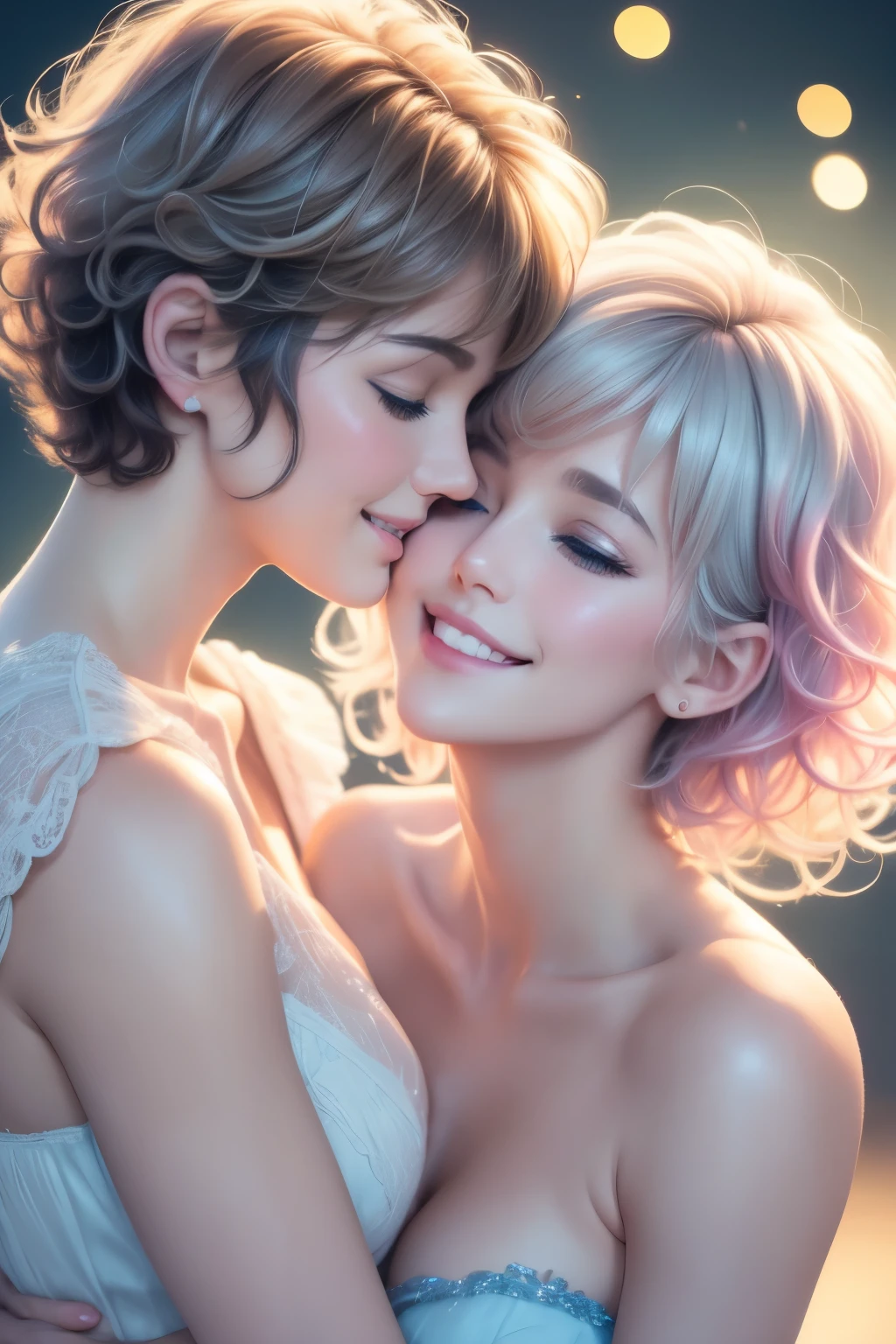 best quality, 32k, RAW photo, incredibly absurdres, extremely detailed, delicate texture, two women, kissing on the cheek, smiling shyly, cute, beautiful, (medium messy wavy hair) and (short pixie cut), background pastel color, motion-blur, action-lines, professional lighting, watercolor art drawing