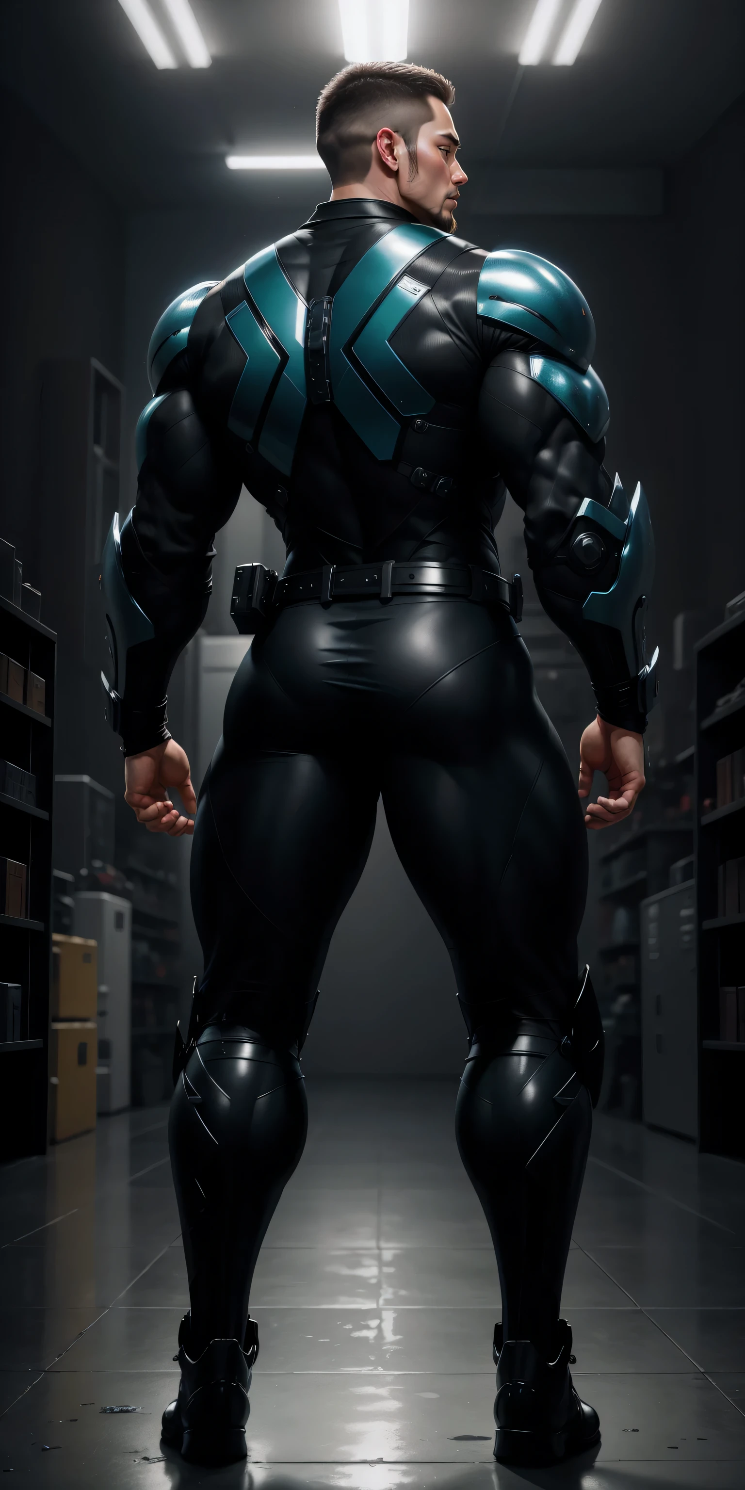 特别High背影, huge, and muscular police officer，Bright black mesh nano-mecha，Colorful light effects surround the whole body，round butt，Highlights，character concept（Resident Evil - chris redfield，chris redfield）senior police officer，small grid texture，regular symmetrical texture pattern，sad expression，Deep and charming eyes，Standing in bright mechanical laboratory，Emerald Eyes Hero，heroic male pose，高大burly，muscular！Charming leg muscles，High, burly, Heqiang，  Super gain and cool， high resolution committee， Big feet in shiny black ultra-thin nanomechanical boots，Charming strong man，The bright sunshine is shining on you，matte particles，shiny texture