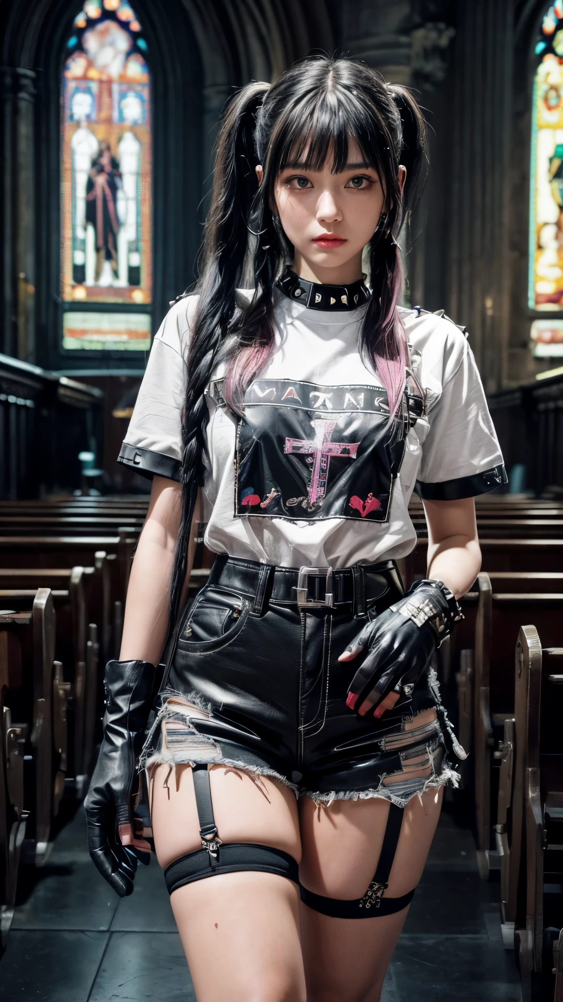 (Ultra-detailed eyes), (((textile shading))), (((Best Quality))), (((masutepiece))), (((Ultra-detailed CG))), sassy girl, (((magical )))), black pigtails hair with bangs, black pigtails hair with bangs, black pigtails hair with bangs, pin up emo, ((gorgeous hair)), (((hip-hop style, look swag. color block short sleeve shirt, Two-color wrapped gloves, black Garter belt single pocket studded shorts , y2k))), ((striking a pose)), (((Game CG)) (gorgeous, sassy, it girl), fancy jewelry, there is a church with a lit up alter with a cross, a hologram inspired by David LaChapelle, trending on cg society, conceptual art, satanic church interior, cyberpunk church, moody strange cinematography, scene set in a church, cyberpunk cathedral, in a church. arstation, scene from church,, cowboy shot, midshot, centered image, eye on camera, front look