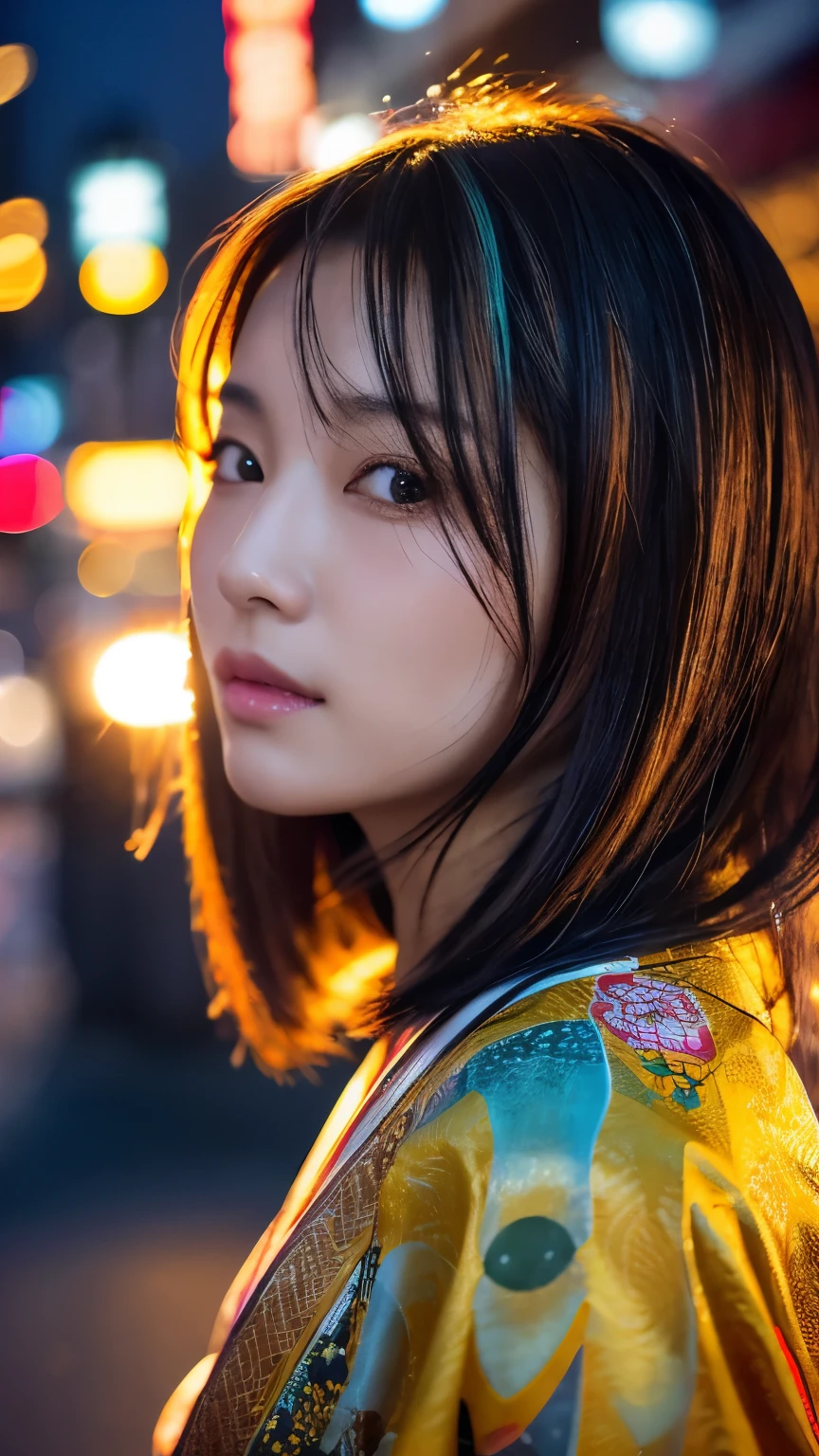 Beautiful Japanese supermodel woman, A lock of hair with slight highlights, black eyes, mixed media, Sexy，street background，Gorgeous kimono , Liquid color flows across her face, Sunset，Photo by Wang Luodan，god of wealth