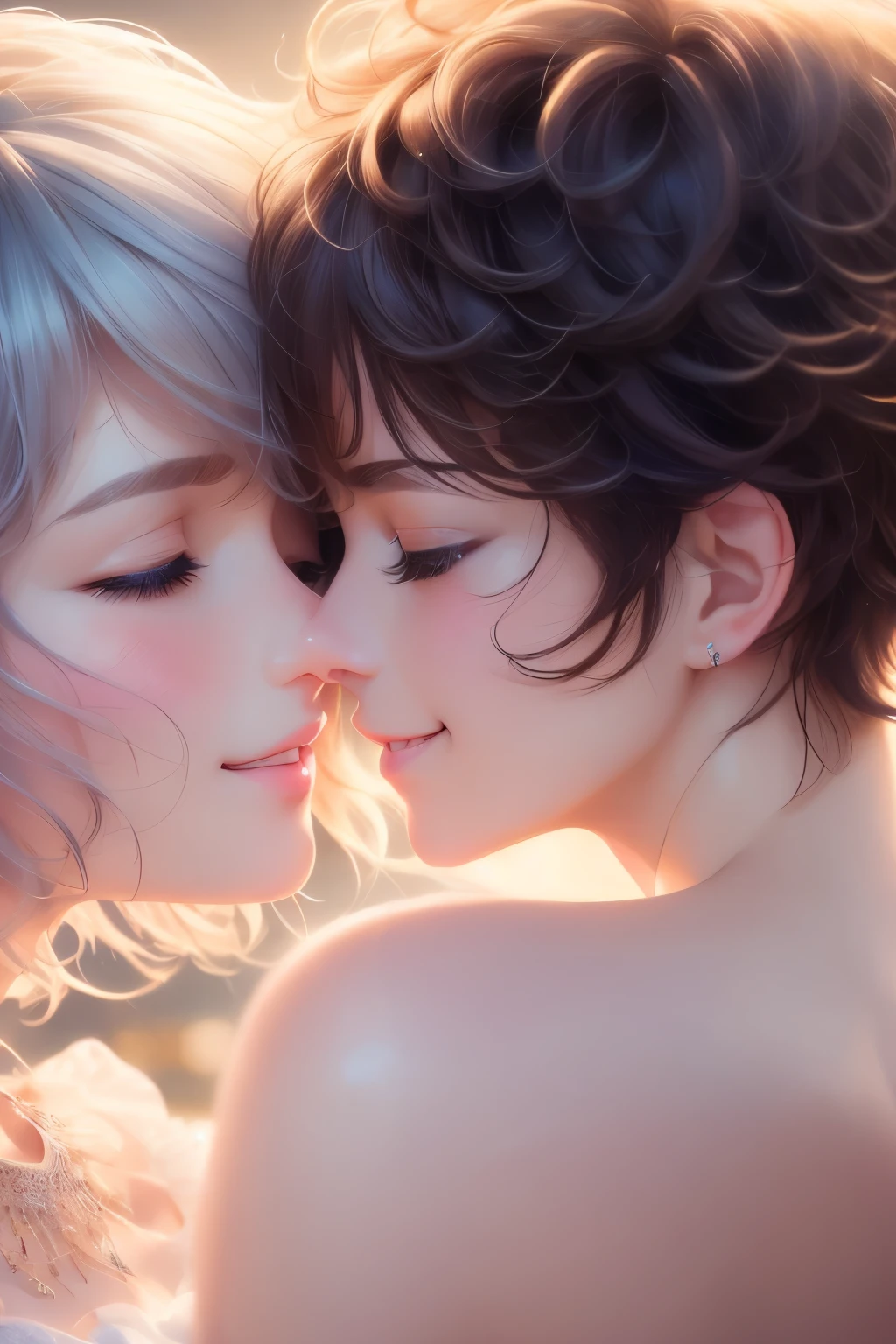 best quality, 32k, RAW photo, incredibly absurdres, extremely detailed, delicate texture, two women, kissing on the cheek, smiling shyly, cute, beautiful, (medium messy wavy hair) and (short pixie cut), background pastel color, motion-blur, action-lines, professional lighting, watercolor art drawing