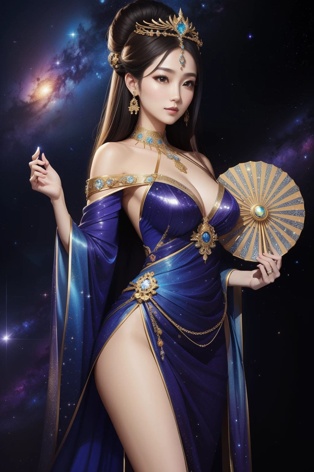 A stunning masterpiece of a 32-year-old woman in Korean fantasy, with perfect anatomy and a slender figure, adorned in the Celestial Elegance Ensemble. The outfit is adorned with intricate Galactic-inspired Fabric Patterns, glittering Starlight Sequin Embellishments, and a mesmerizing Celestial Halo Headpiece. Her ethereal glow is amplified by the Extravagant Moonlit Train cascading behind her, and the Luxurious Nebula Palette shines brilliantly against her flawless skin. In her hand, she holds a Cosmic Atmosphere fan, and her pose radiates