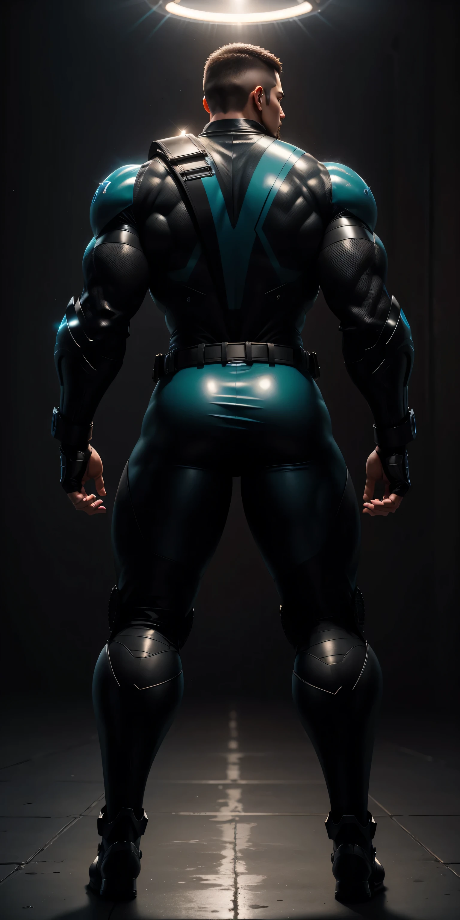 特别High背影, huge, and muscular police officer,Bright black mesh nano-mecha,Colorful light effects surround the whole body,round butt,Highlights,character concept(Resident Evil - chris redfield,chris redfield)senior police officer,small grid texture,regular symmetrical texture pattern,sad expression,Deep and charming eyes,Standing in bright mechanical laboratory,Emerald Eyes Hero,heroic male pose,高大burly,muscular!Charming leg muscles,High, burly, Heqiang, Super gain and cool, high resolution committee, Big feet in shiny black ultra-thin nanomechanical boots,Charming strong man,The bright sunshine is shining on you,matte particles,shiny texture