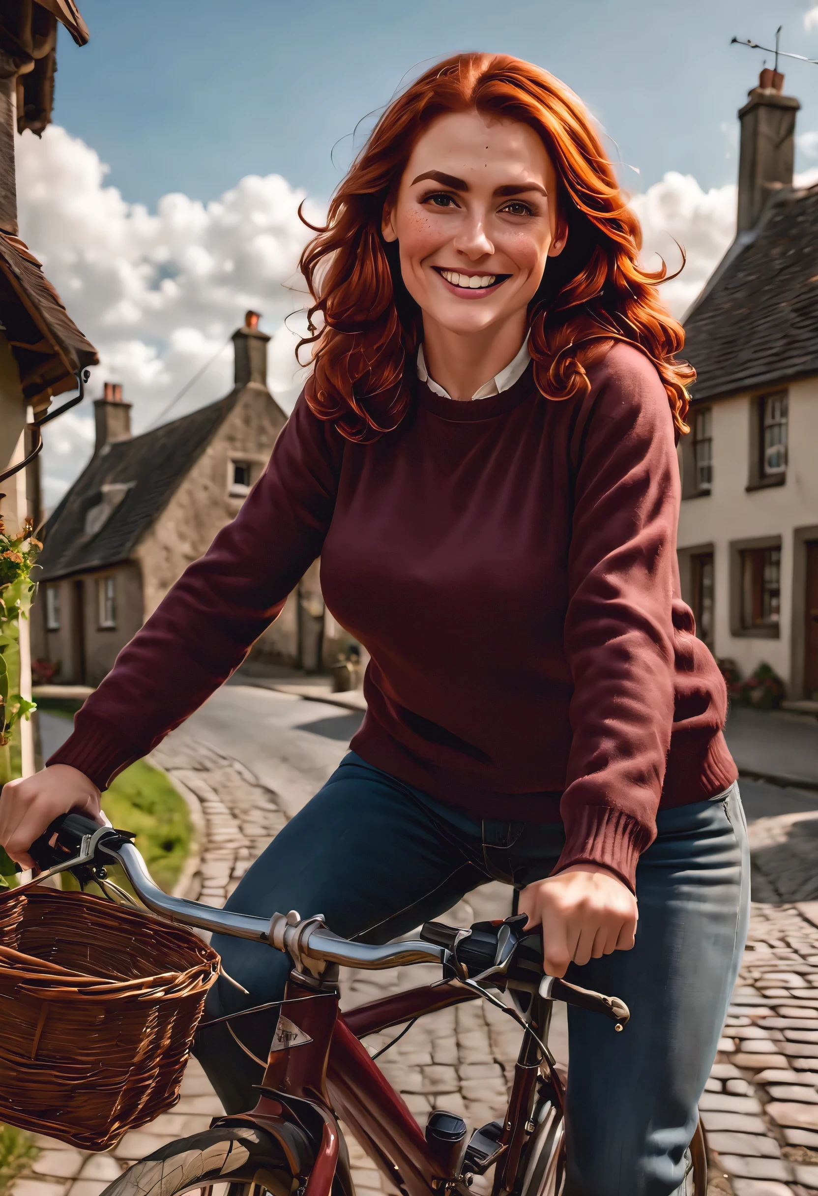 (a scene) of a beautiful 35-year old Scottish woman riding her bike through a quiet village. she has reddish-brown hair, light skin and freckles, (black eyebrows:0.8), and high cheekbones, (brown eyes:1.2), (downturned eyes), voluptuous, massive breasts, (smile:0.8). She is wearing a burgundy sweater and a pair of jeans. (Highly detailed, intricate, best quality, 8k), (photorealistic), (high camera angle:1.5),