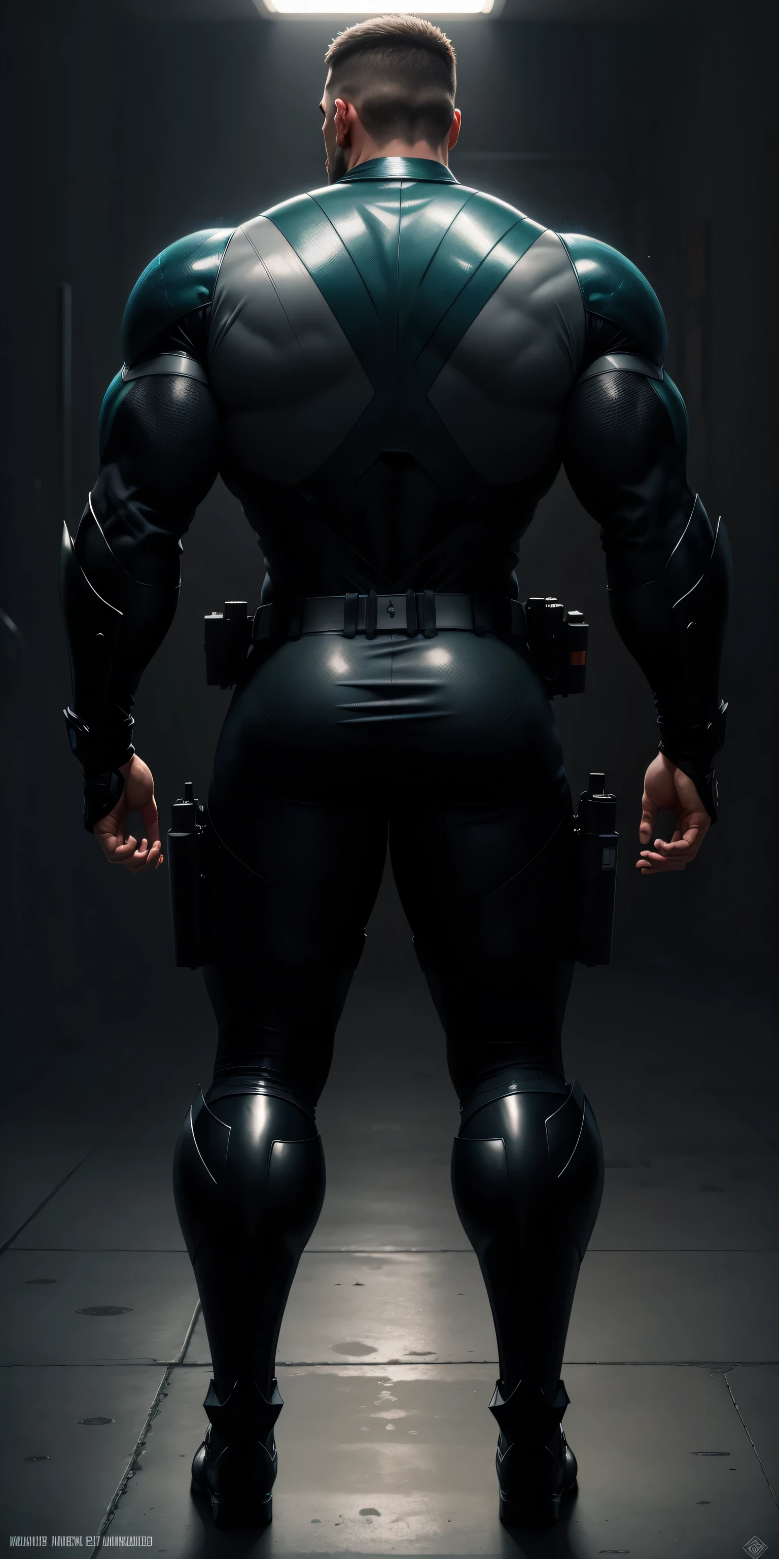 特别High背影, huge, and muscular police officer，Bright black mesh nano-mecha，Colorful light effects surround the whole body，round butt，Highlights，character concept（Resident Evil - chris redfield，chris redfield）senior police officer，small grid texture，regular symmetrical texture pattern，sad expression，Deep and charming eyes，Standing in bright mechanical laboratory，Emerald Eyes Hero，heroic male pose，高大burly，muscular！Charming leg muscles，High, burly, Heqiang，  Super gain and cool， high resolution committee， Big feet in shiny black ultra-thin nanomechanical boots，Charming strong man，The bright sunshine is shining on you，matte particles，shiny texture