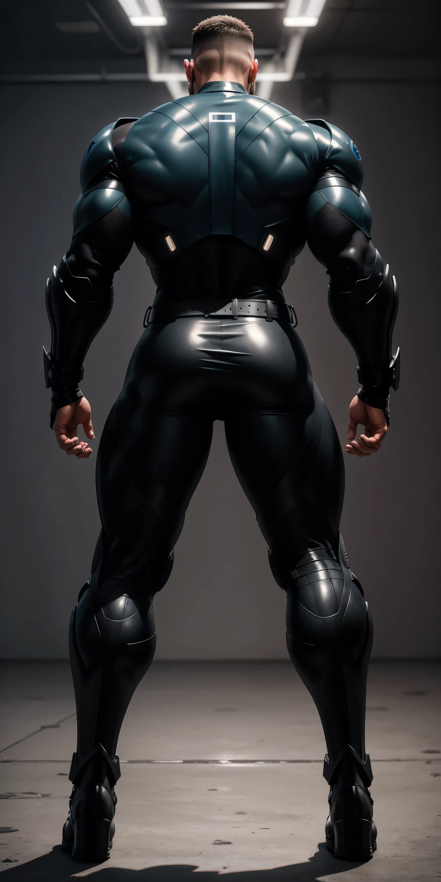特别High背影, huge, and muscular police officer，Bright black mesh nano-mecha，Colorful light effects surround the whole body，round butt，Highlights，character concept（Resident Evil - chris redfield，chris redfield）senior police officer，small grid texture，regular symmetrical texture pattern，sad expression，Deep and charming eyes，Standing in bright mechanical laboratory，Emerald Eyes Hero，heroic male pose，高大burly，muscular！Charming leg muscles，High, burly, Heqiang，  Super gain and cool， high resolution committee， Big feet in shiny black ultra-thin nanomechanical boots，Charming strong man，The bright sunshine is shining on you，matte particles，shiny texture