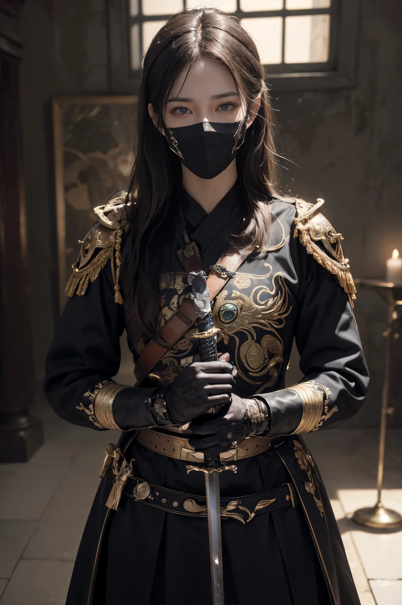 Photorealistic, ultra HD, graphics, best quality, realistic, CGI, 4k, masterpiece, best quality, hight resolution, very detailed, super detailed, 8k wallpaper, unified, amazing, fine detail, very detailed CG uniform 8k wallpaper, illustration, male, secret, mask, holding sword, (((eyes filled with murderous intent), masked,