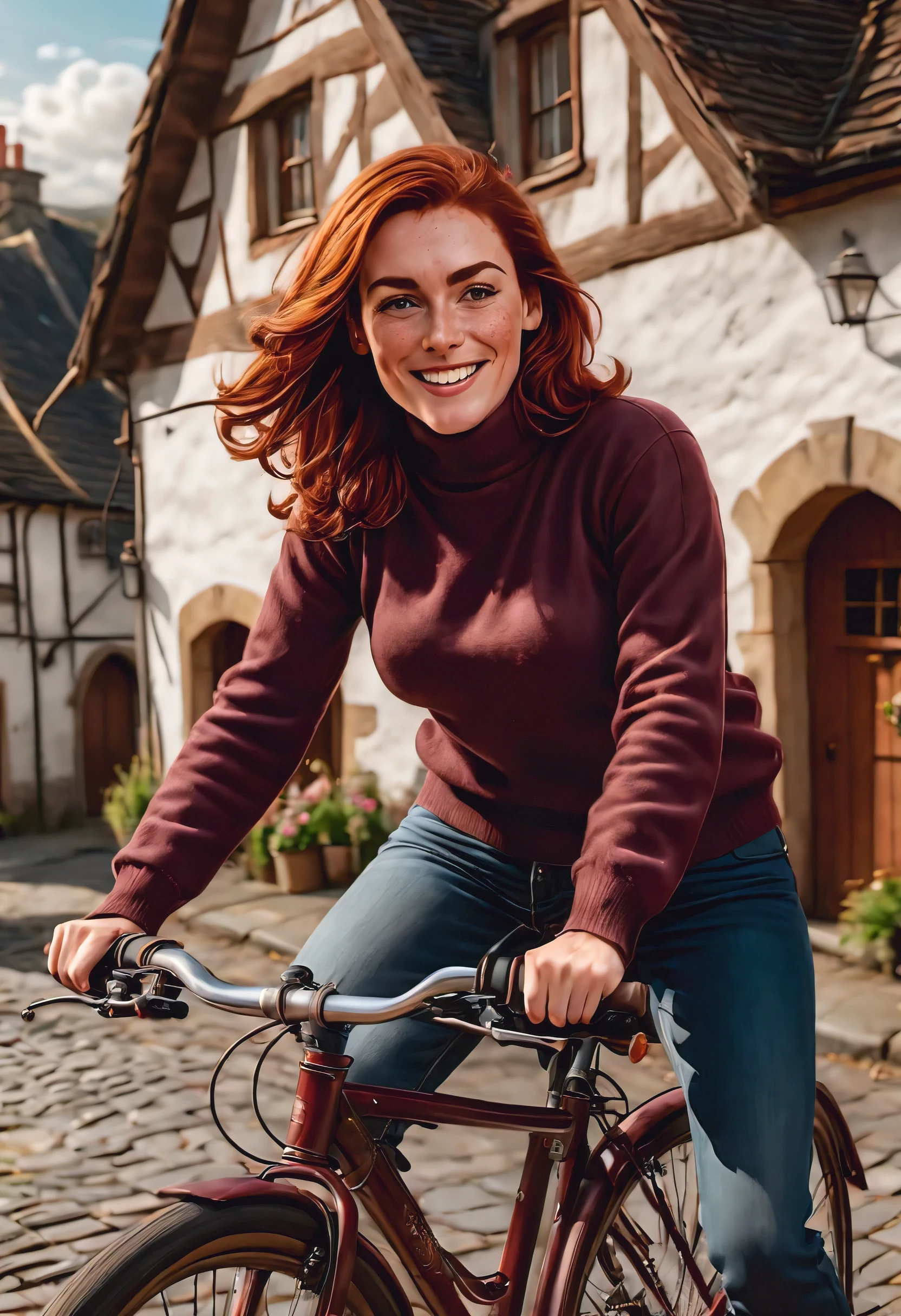 (a scene) of a beautiful 35-year old Scottish woman riding her bike through a quiet village. she has reddish-brown hair, light skin and freckles, (black eyebrows:0.8), and high cheekbones, (brown eyes:1.2), (downturned eyes), voluptuous, massive breasts, (smile:0.8). She is wearing a burgundy sweater and a pair of jeans. (Highly detailed, intricate, best quality, 8k), (photorealistic), (high camera angle), 
