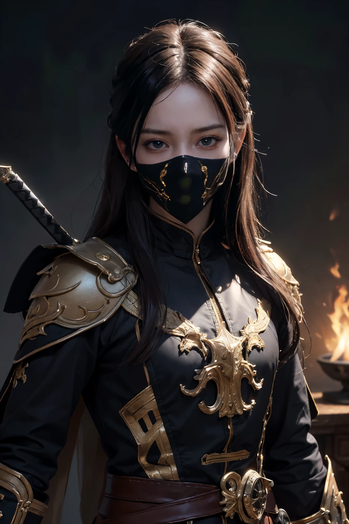 Photorealistic, ultra HD, graphics, best quality, realistic, CGI, 4k, masterpiece, best quality, hight resolution, very detailed, super detailed, 8k wallpaper, unified, amazing, fine detail, very detailed CG uniform 8k wallpaper, illustration, male, secret, mask, holding sword, (((eyes filled with murderous intent), masked,