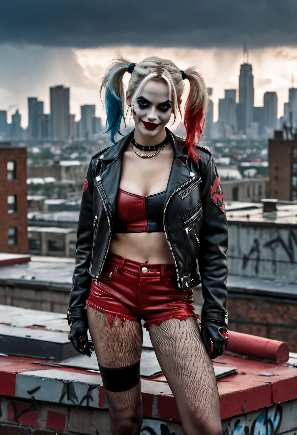 (best quality,Super detailed),Harley Quinn standing on the roof of a city building,dark and dramatic atmosphere,focus blur,city skyline in background,Storm clouds gather overhead,Vibrant and contrasting colors,ominous lighting,red and black splash,eye makeup smudging,Quirky and naughty expression,smile threateningly,Bat and hammer props,Graffiti and street art elements,Abandoned and decaying buildings,wind blown hair,leather jacket and shorts,fishnet stockings,Punk style fashion,Secrets and mystery are in the air.