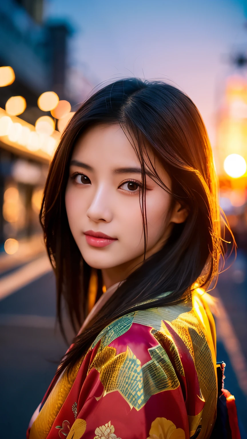 Beautiful Japanese supermodel woman, A lock of hair with slight highlights, black eyes, mixed media, Sexy,street background,Gorgeous kimono , Liquid color flows across her face, Sunset,Photo by Wang Luodan,god of wealth