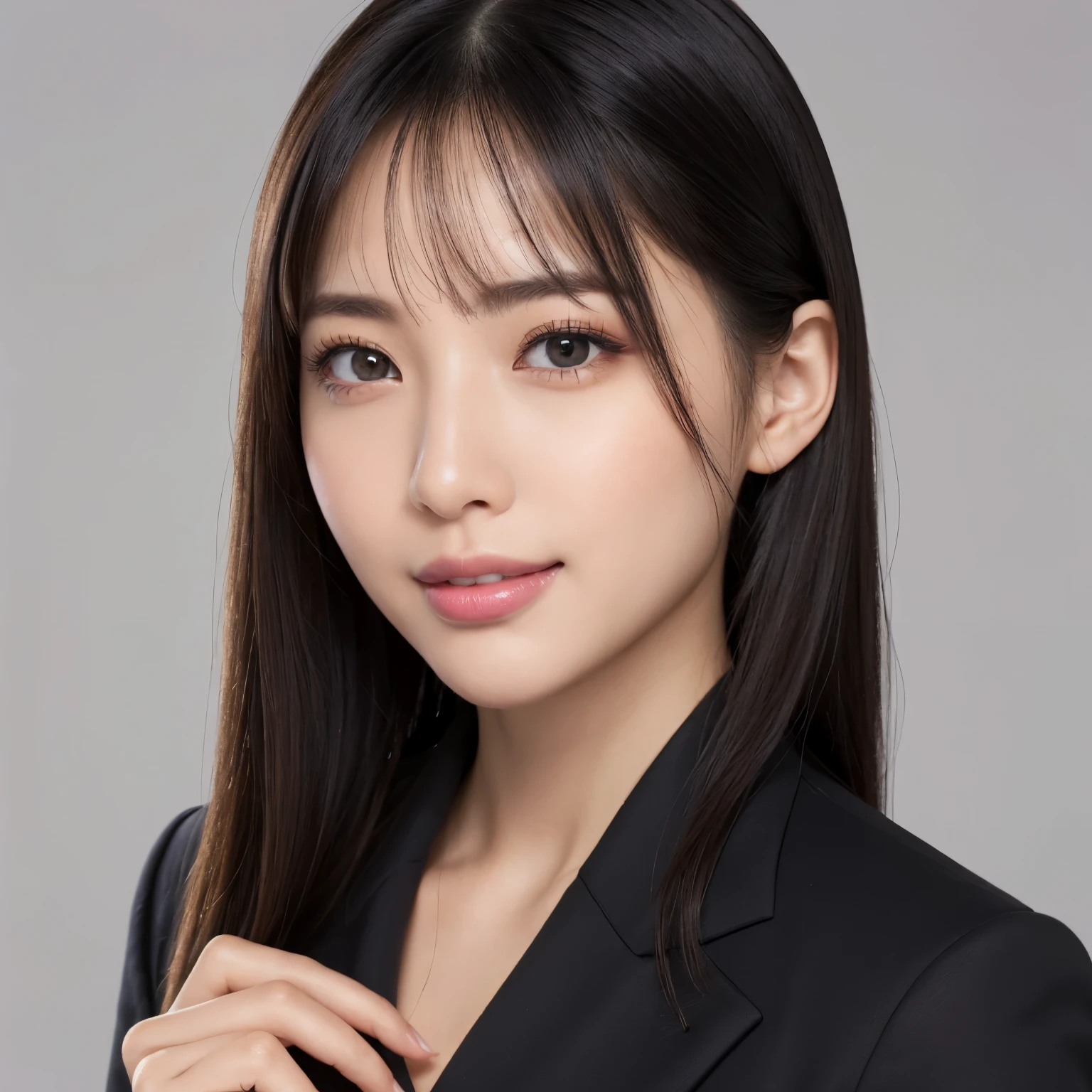 (highest quality、table top、8k、best image quality、Award-winning work)、1 beautiful woman、straight medium hair、(perfect black business suit:1.3)、(The most accurate and natural business suit:1.3)、(perfect office style:1.1)、big breasts、emphasize body line、perfect composition、beautiful and detailed eyes、smile looking at me、(Close-up portrait above chest:1.1)、elegant makeup、Ultra high definition beauty face、ultra high definition hair、Super high-definition sparkling eyes、Super high resolution glossy lips、accurate anatomy、very beautiful skin、Super high-definition glowing beautiful skin