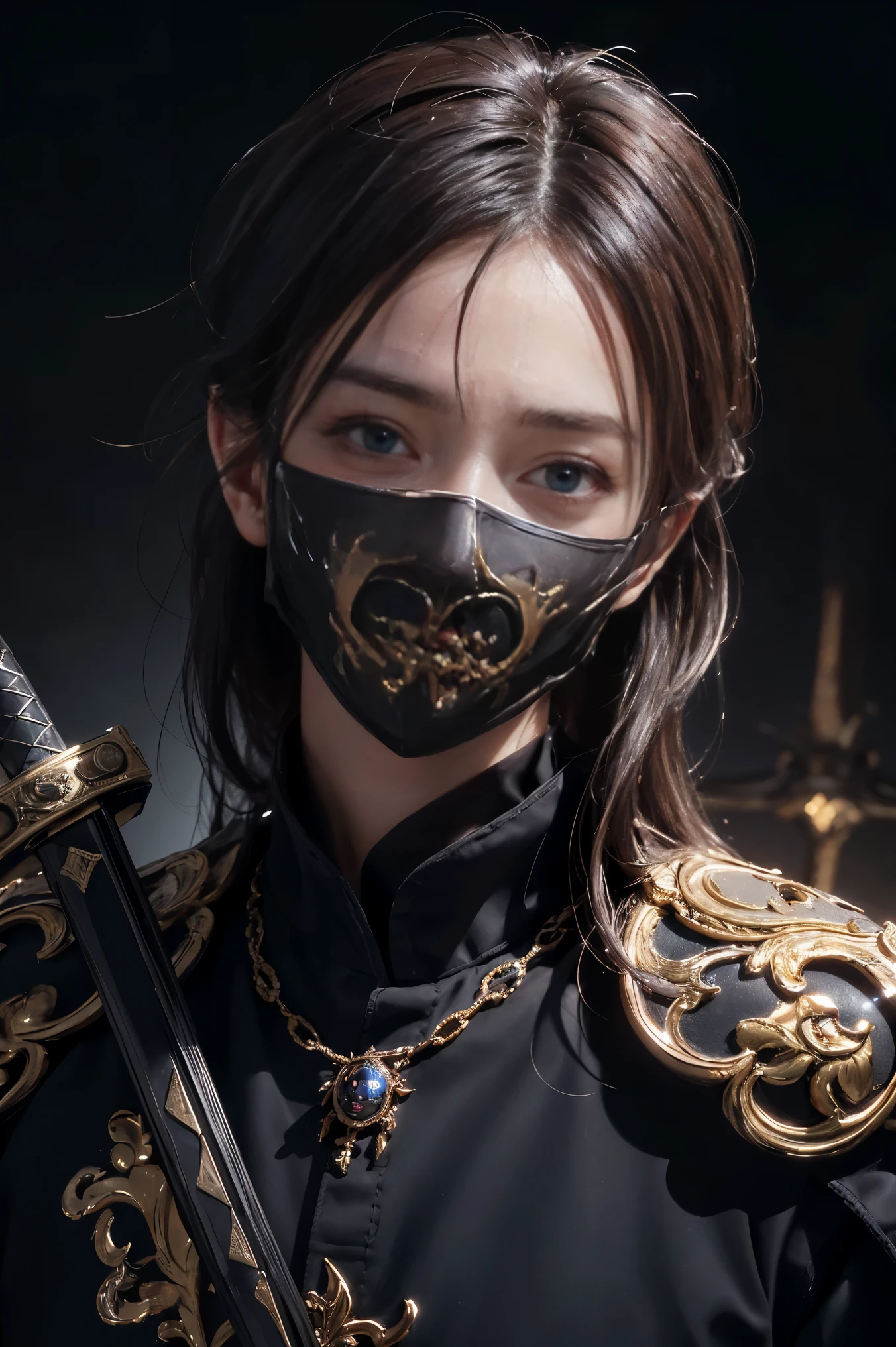 Photorealistic, ultra HD, graphics, best quality, realistic, CGI, 4k, masterpiece, best quality, hight resolution, very detailed, super detailed, 8k wallpaper, unified, amazing, fine detail, very detailed CG uniform 8k wallpaper, illustration, male, secret, mask, holding sword, (((eyes filled with murderous intent), masked,