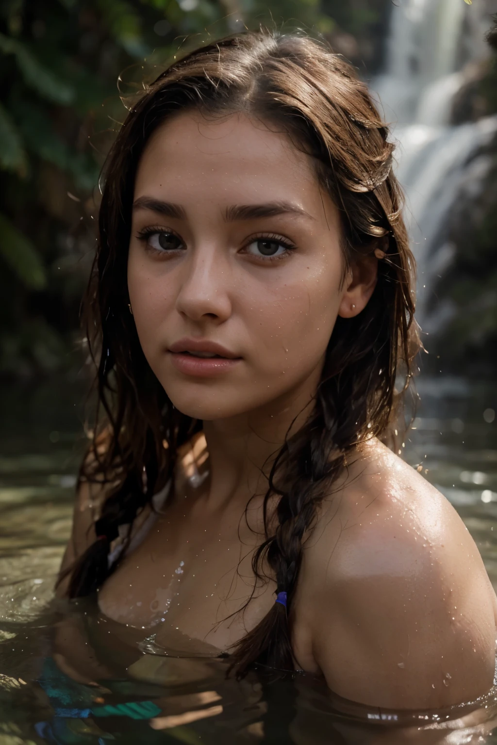 Symmetrical, High Detail RAW Color Photo Professional Photo, [:( High Detail Face: 1.2): 0.1], (lora:PJ DH), Double braids, pores, real skin, breast focus, straight up, an 20 year old woman under a waterfall, body in contact with water and ripples around, clear clean water, shining eyes, looking at the audience, wet clothes, wet body, wet hair, Tyndall effect, lens flare, shadow,, bloom, natural lighting, hard focus, film grain, photographed with a Sony a9 II Mirrorless Camera, by Laurence Demaison, portrait sophie mudd, thick neck, 19 year old female model, latina, angelawhite, violet myers, 22 years old, 21 years old, profile image, italian, italian latina, Alycia Debnam-Carey, hazel eyes, realistic, post-processing, maximum detail,