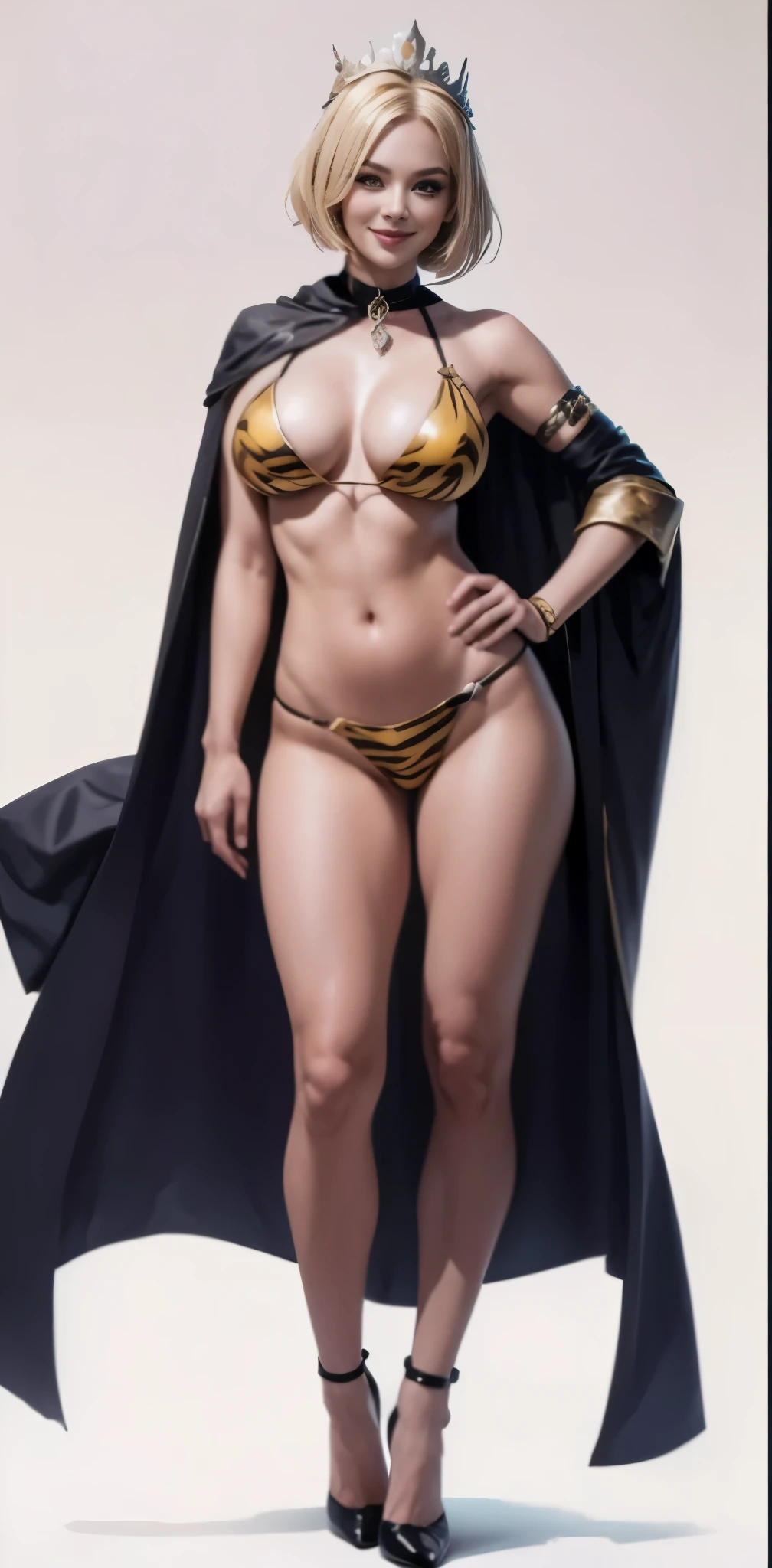 Two long thighs, yellow eyes, blonde hair, short hair, large breasts, detached sleeves, very white background, royal tiara, long cape, yellow tiger bikini, high heels, hands on hips. red tattoo on belly navel, full body female MILF BIMBO, lustful smirking smile face (red blush), metal shoulders, golden bracers sleeveless, black choker sex slave