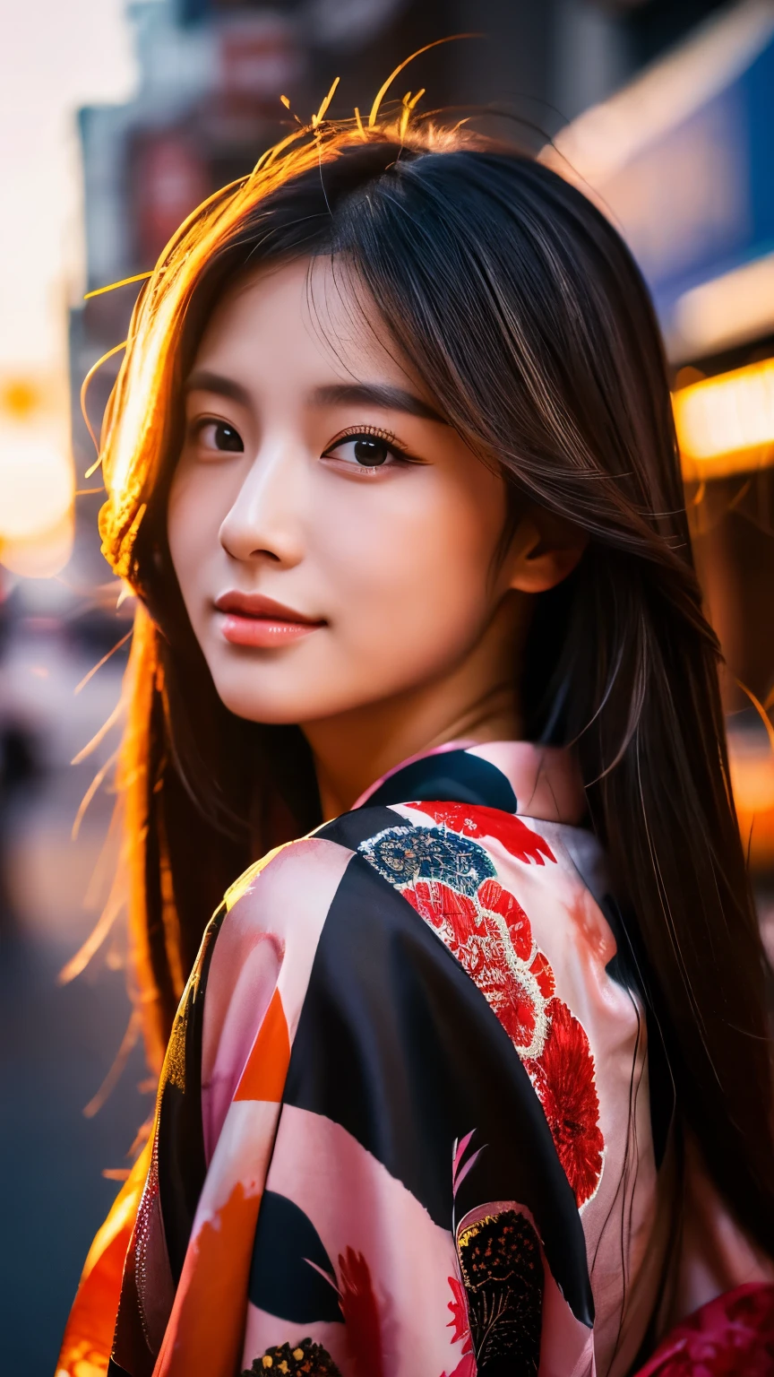 Beautiful Japanese supermodel woman, A lock of hair with slight highlights, black eyes, mixed media, Sexy，street background，Gorgeous kimono , Liquid color flows across her face, Sunset，Photo by Wang Luodan，god of wealth