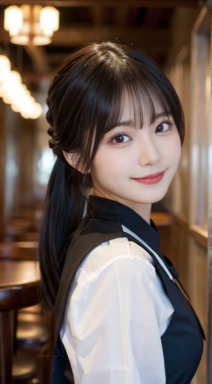 (highest quality,masterpiece:1.3,ultra high resolution,),(Super detailed,caustics),(Photoreal:1.4,RAW shooting,)ultra-realistic capture,very detailed,High resolution 16K human skin close-up。 natural skin texture、,The pores are、、、Must be detailed enough to be easily identified。 Skin should look even-toned and healthy。 Use natural light and color,restaurant,waitress uniform,1 girl,Japanese,18-year-old,cute,black haired,ponytail,big breasts,smile,turn your body forward,(Front view:1.1),look at the camera,cowboy shot,