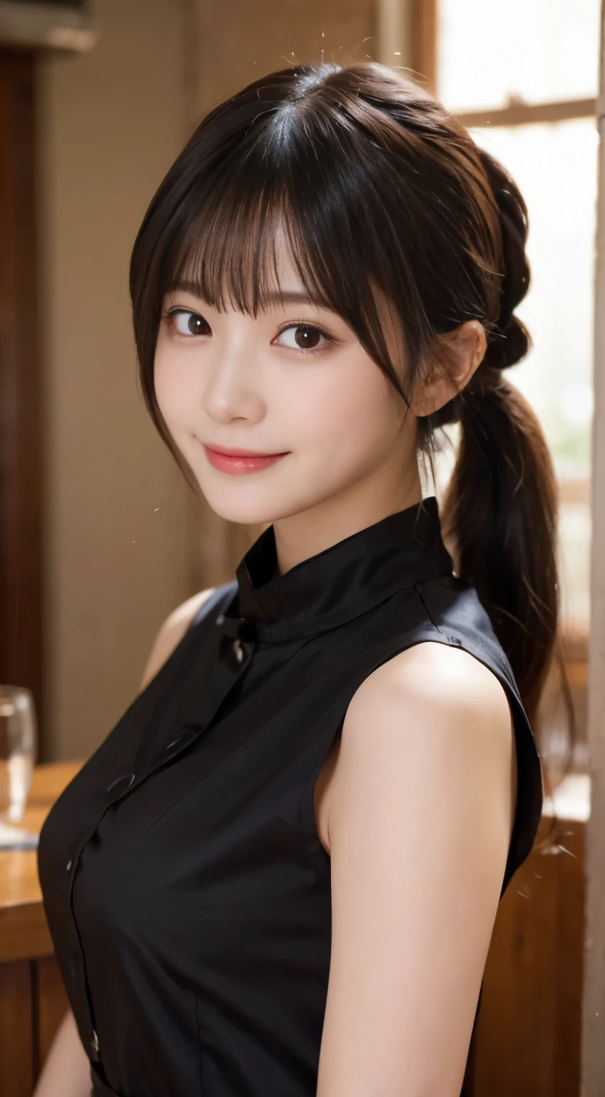 (highest quality,masterpiece:1.3,ultra high resolution,),(Super detailed,caustics),(Photoreal:1.4,RAW shooting,)ultra-realistic capture,very detailed,High resolution 16K human skin close-up。 natural skin texture、,The pores are、、、Must be detailed enough to be easily identified。 Skin should look even-toned and healthy。 Use natural light and color,restaurant,waitress uniform,1 girl,Japanese,18-year-old,cute,black haired,ponytail,big breasts,smile,turn your body forward,(Front view:1.1),look at the camera,cowboy shot,