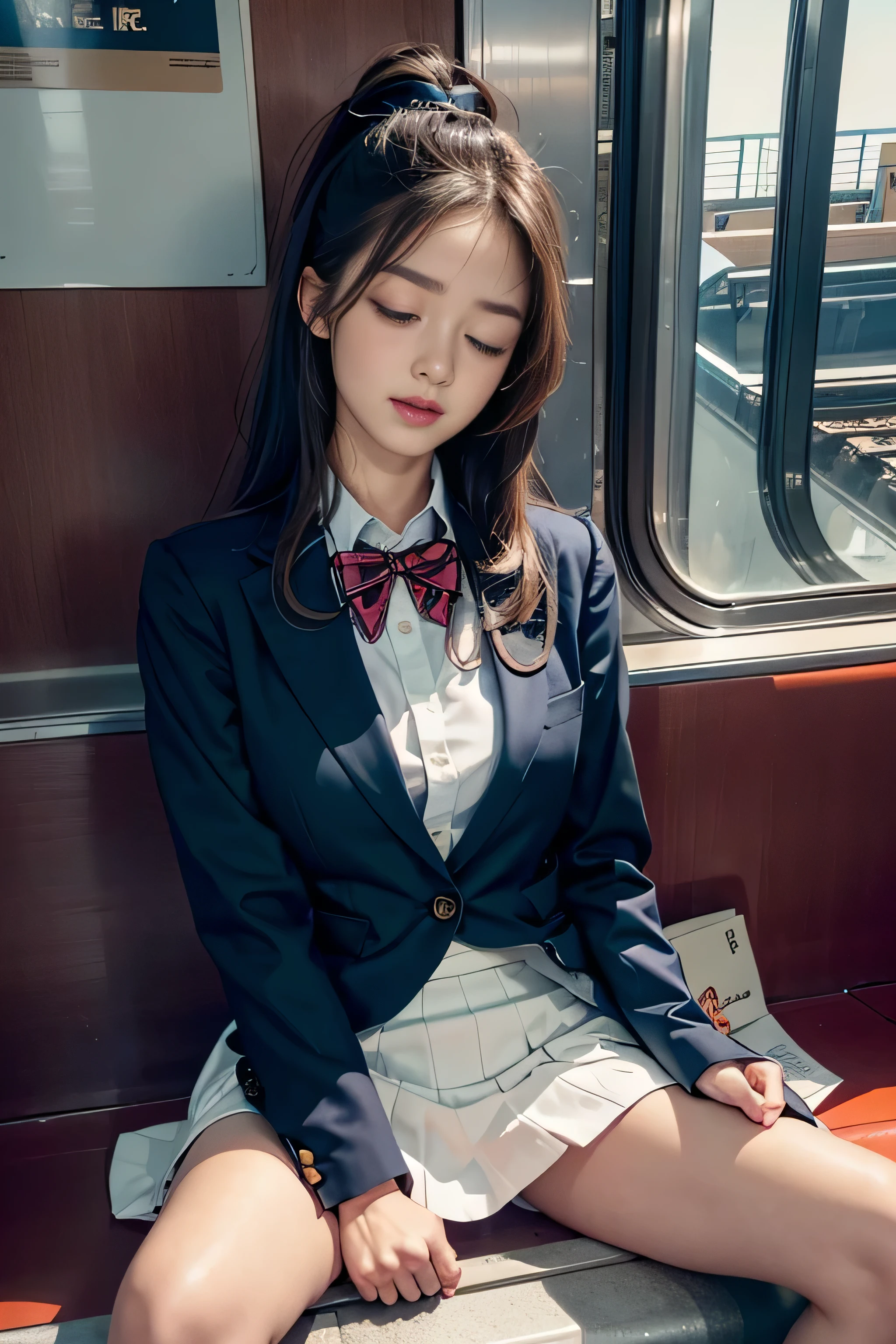 realistic, High resolution, soft light,1 female, alone, waist rises high, (detailed face),(Female student)（(Girl sitting on train))，colorful hair、shortcut，wear、(White blazer emblem on chest)、(white blouse)(red bow tie)(check skirt),long hair、(ponytail)、((Panty shot)）、（I can see your pants）、(close your eyes),(legs open)