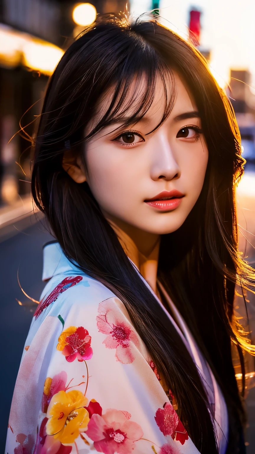 Beautiful Japanese supermodel woman, A lock of hair with slight highlights, black eyes, mixed media, Sexy,street background,Gorgeous kimono , Liquid color flows across her face, Sunset,Photo by Wang Luodan,god of wealth