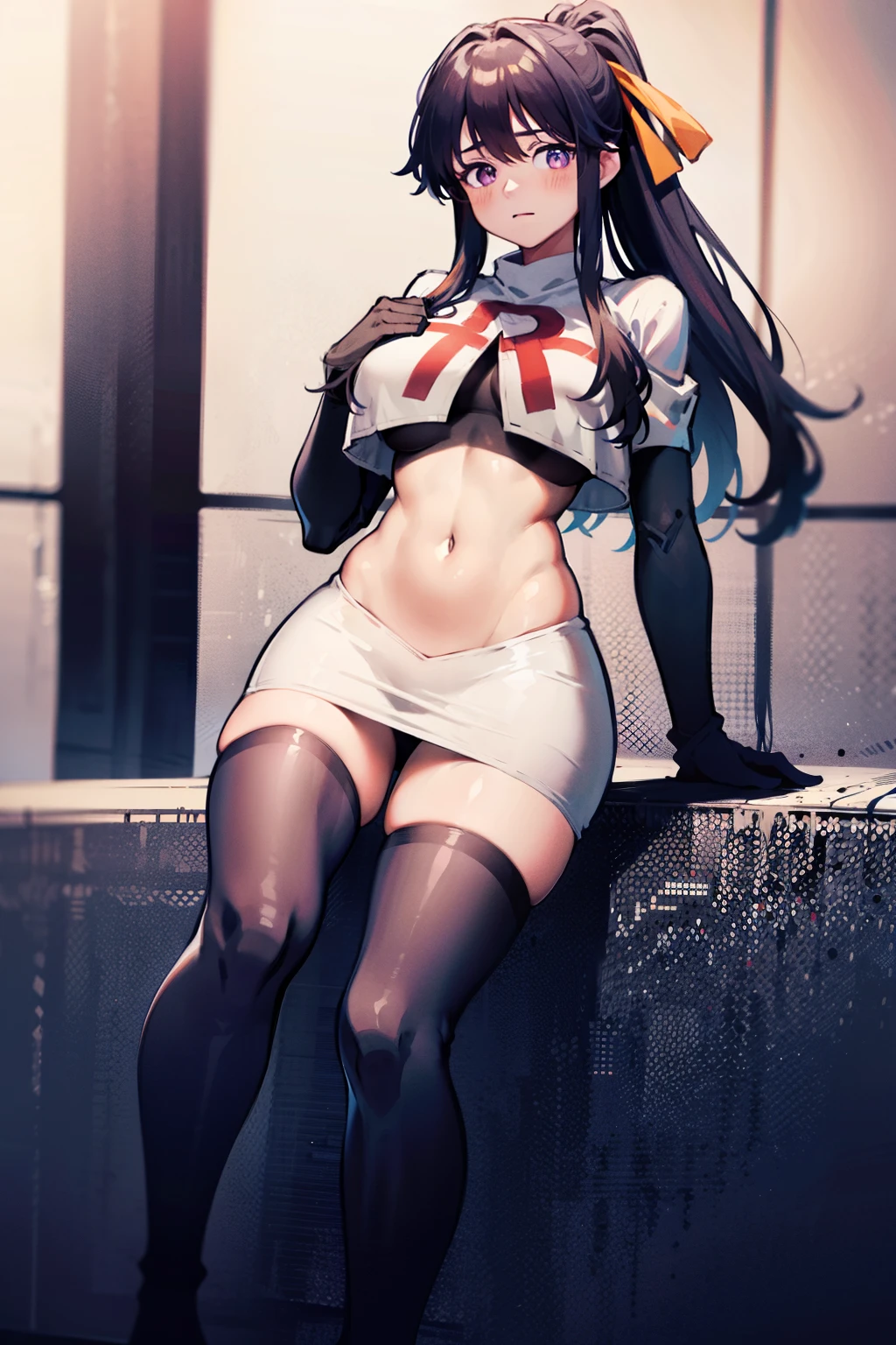akane, 1girl, solo, long hair, skirt, large breasts, black hair, ribbon, very long hair, purple eyes, hair ribbon, ponytail, hakama skirt, miko, masterpiece, team rocket,team rocket uniform, red letter R, white skirt,white crop top,black thigh-highs,black elbow gloves
