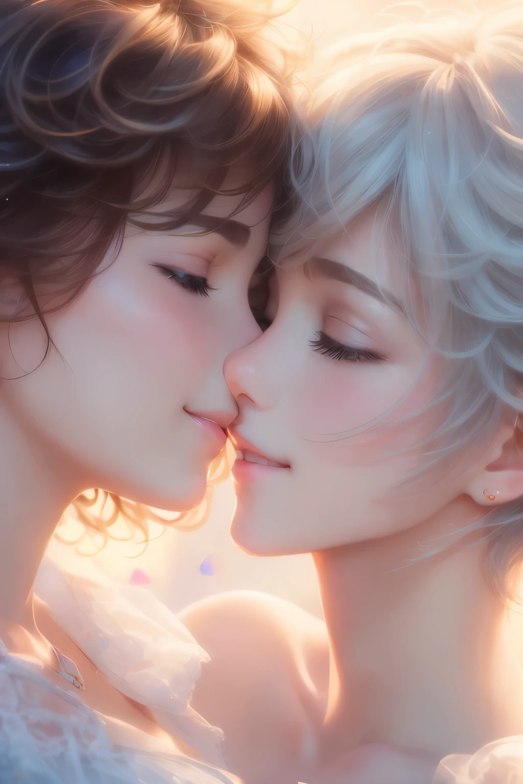 best quality, 32k, RAW photo, incredibly absurdres, extremely detailed, delicate texture, two women, kissing on the cheek, smiling shyly, cute, beautiful, (medium messy wavy hair) and (short pixie cut), background ‘pastel color, motion-blur, action-lines, professional lighting, watercolor art drawing:1.4)