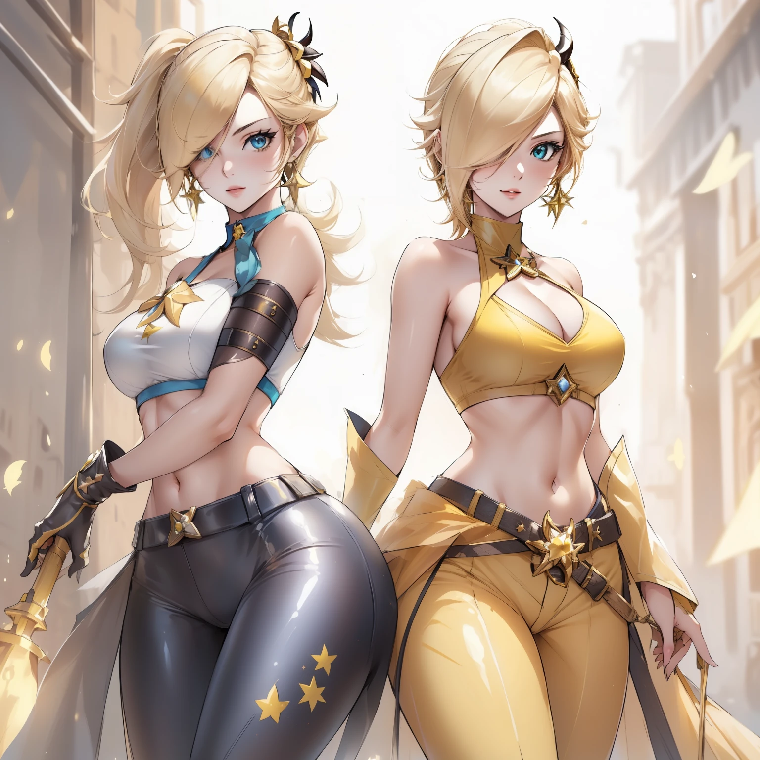 version female of Scorpion from MKII, blonde woman, Scorpion outfit, Rosalina look a like, yellow classic outfit,